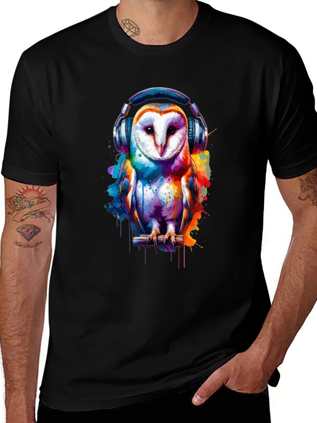 Variant 20 of Owl with Headphones Graphic T-Shirt - Black