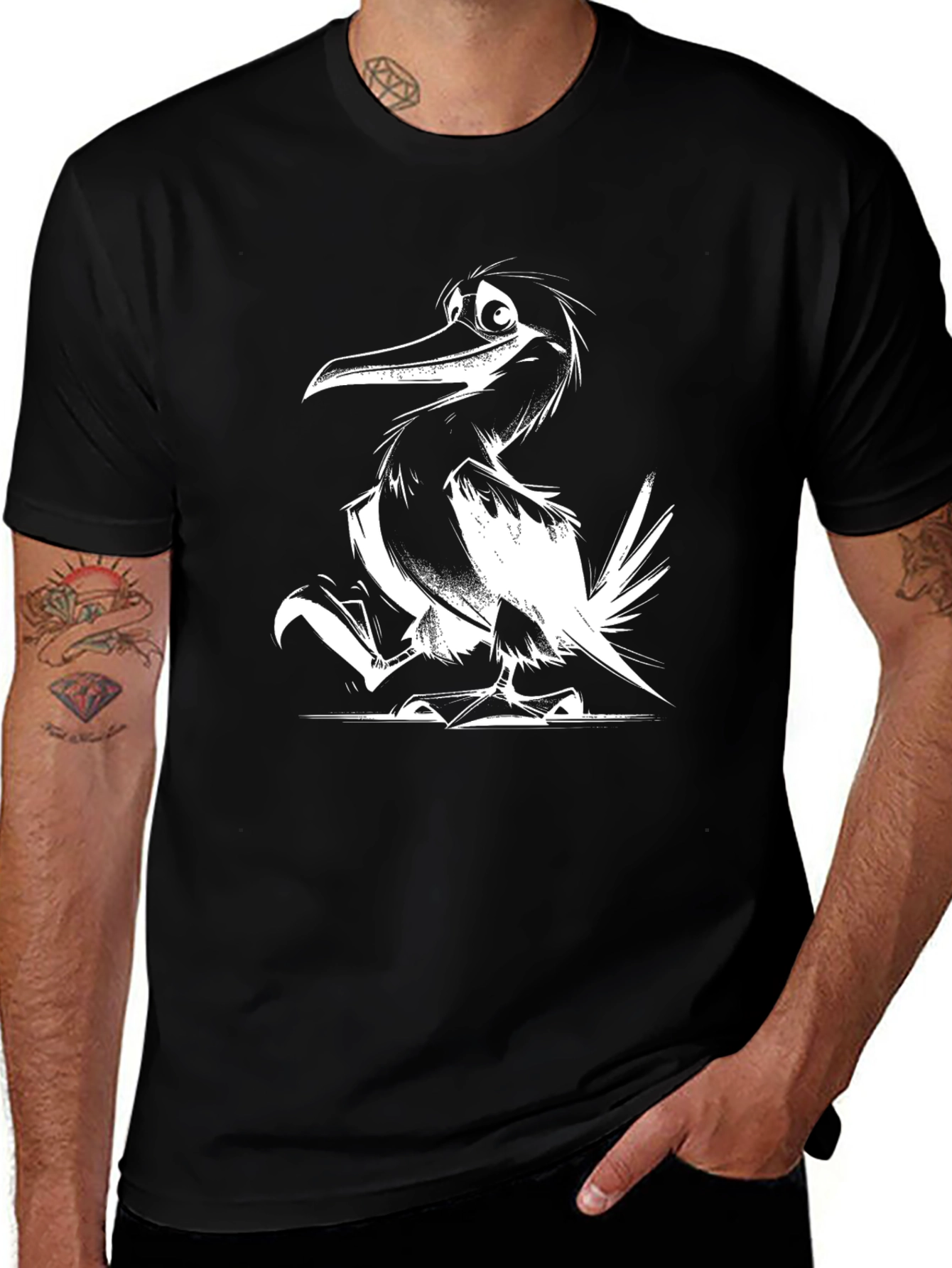 Variant 24 of Cartoon Bird Graphic Tee - Black Cotton T-Shirt