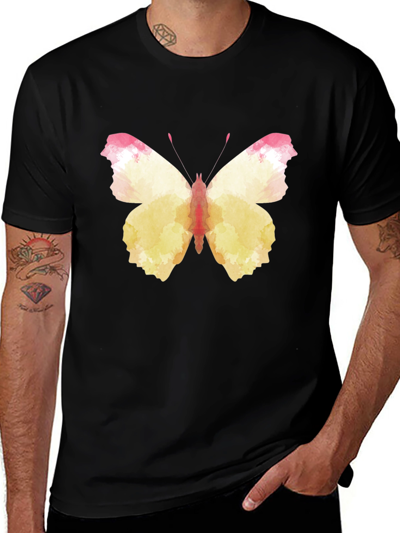 Variant 18 of Butterfly Watercolor Graphic Tee - Black Cotton Casual Shirt