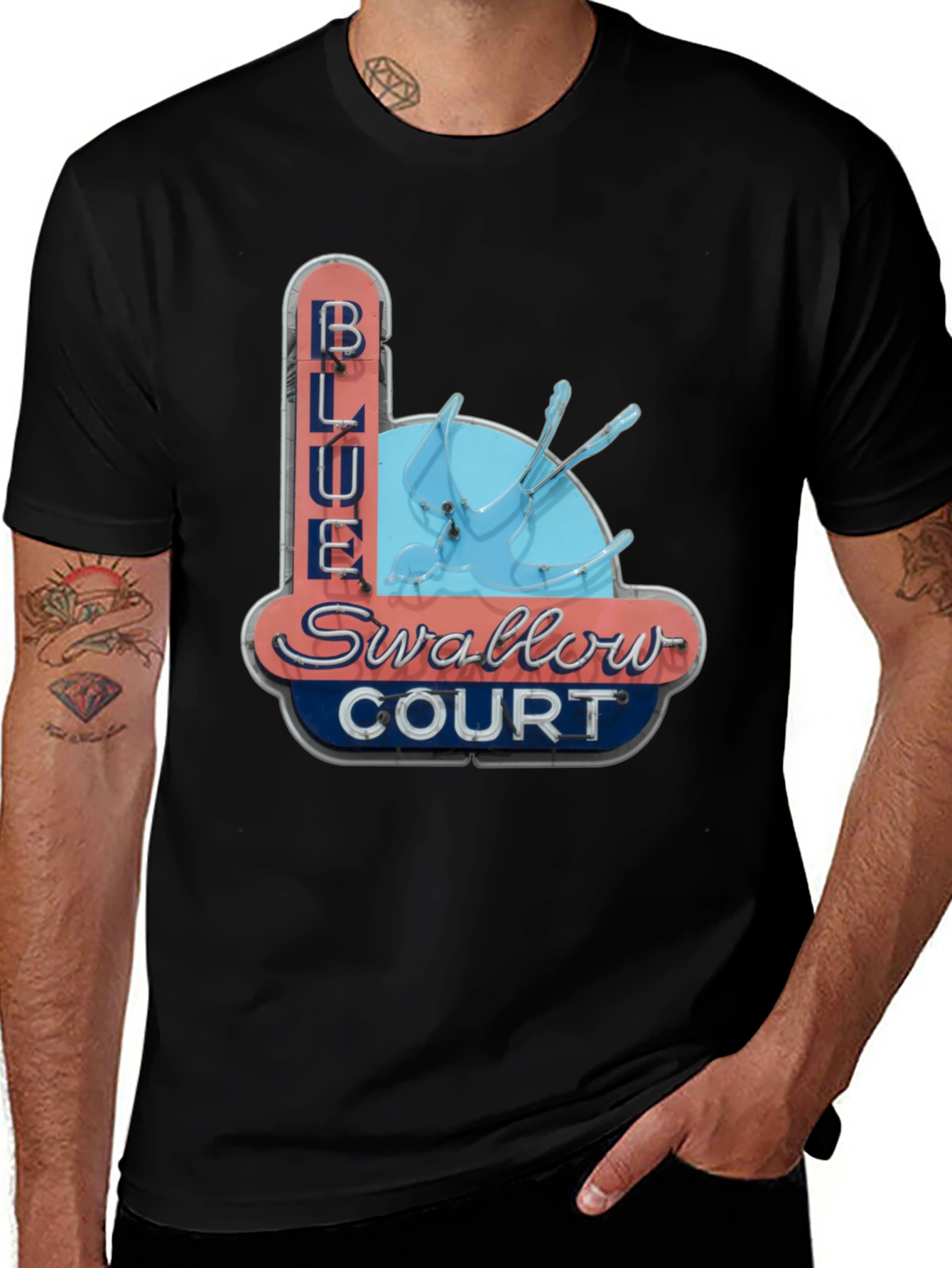 Blue Swallow Court T-Shirt - Retro Motel Tee