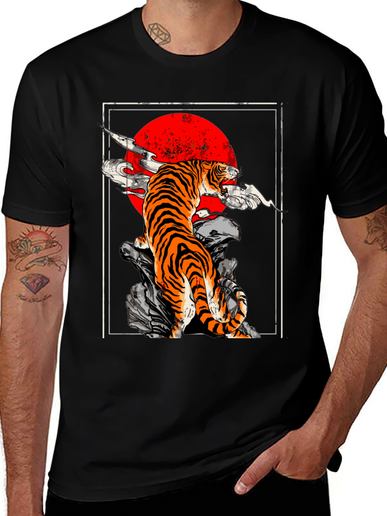 Variant 7 of Tiger Red Sun Graphic Tee - Black Cotton T-Shirt