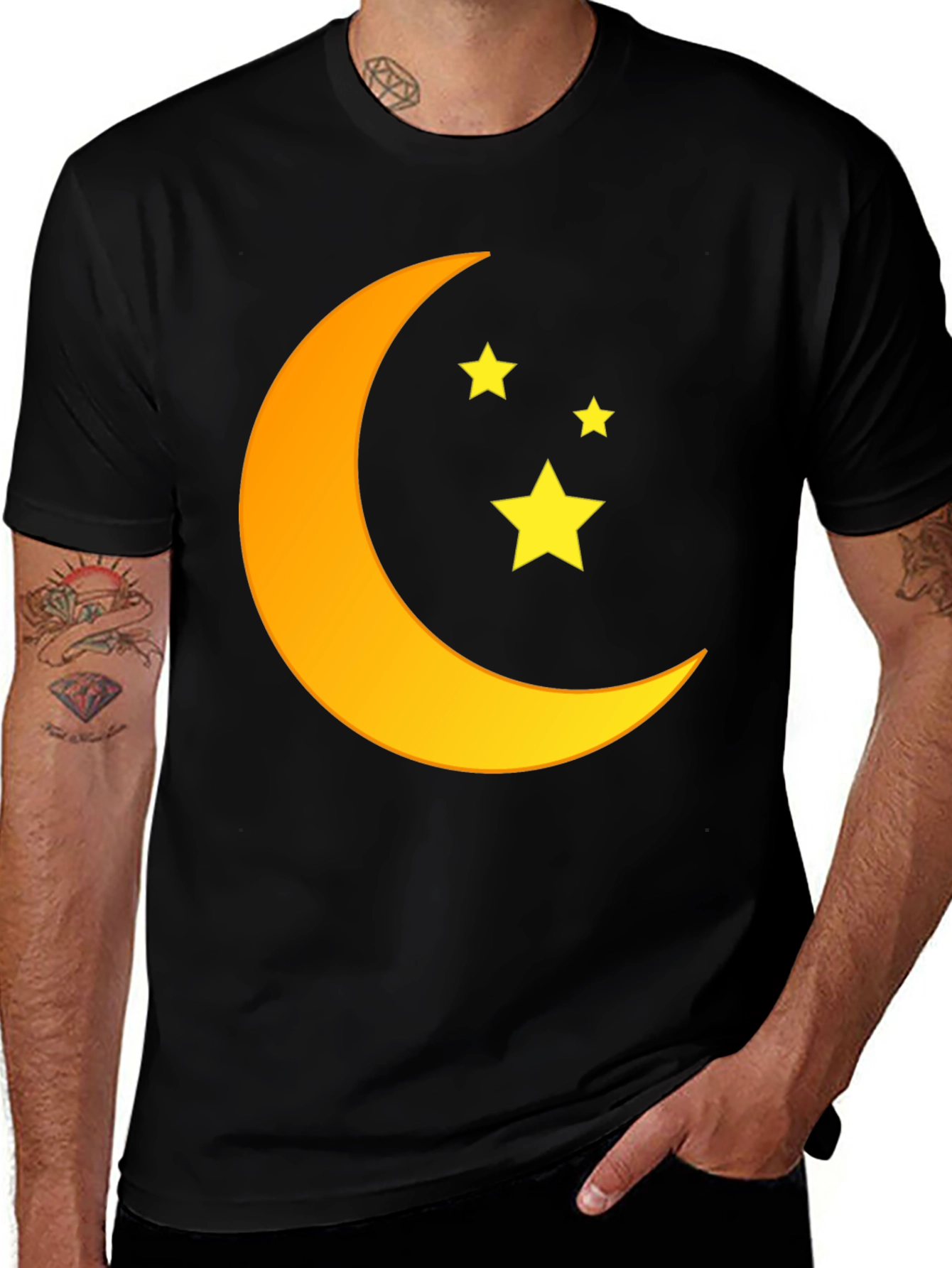 Variant 9 of Crescent Moon & Stars Graphic Tee - Black Cotton T-Shirt