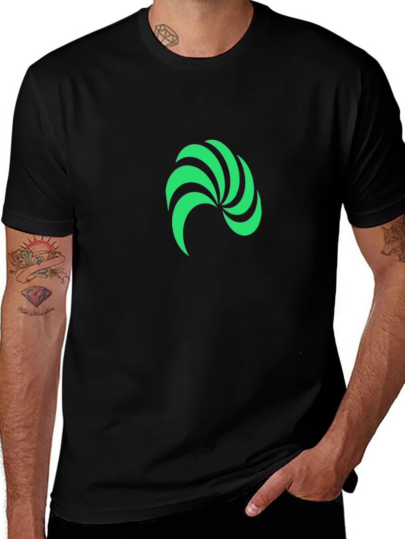 Black Modern Green Swirl Graphic Black T-Shirt main image