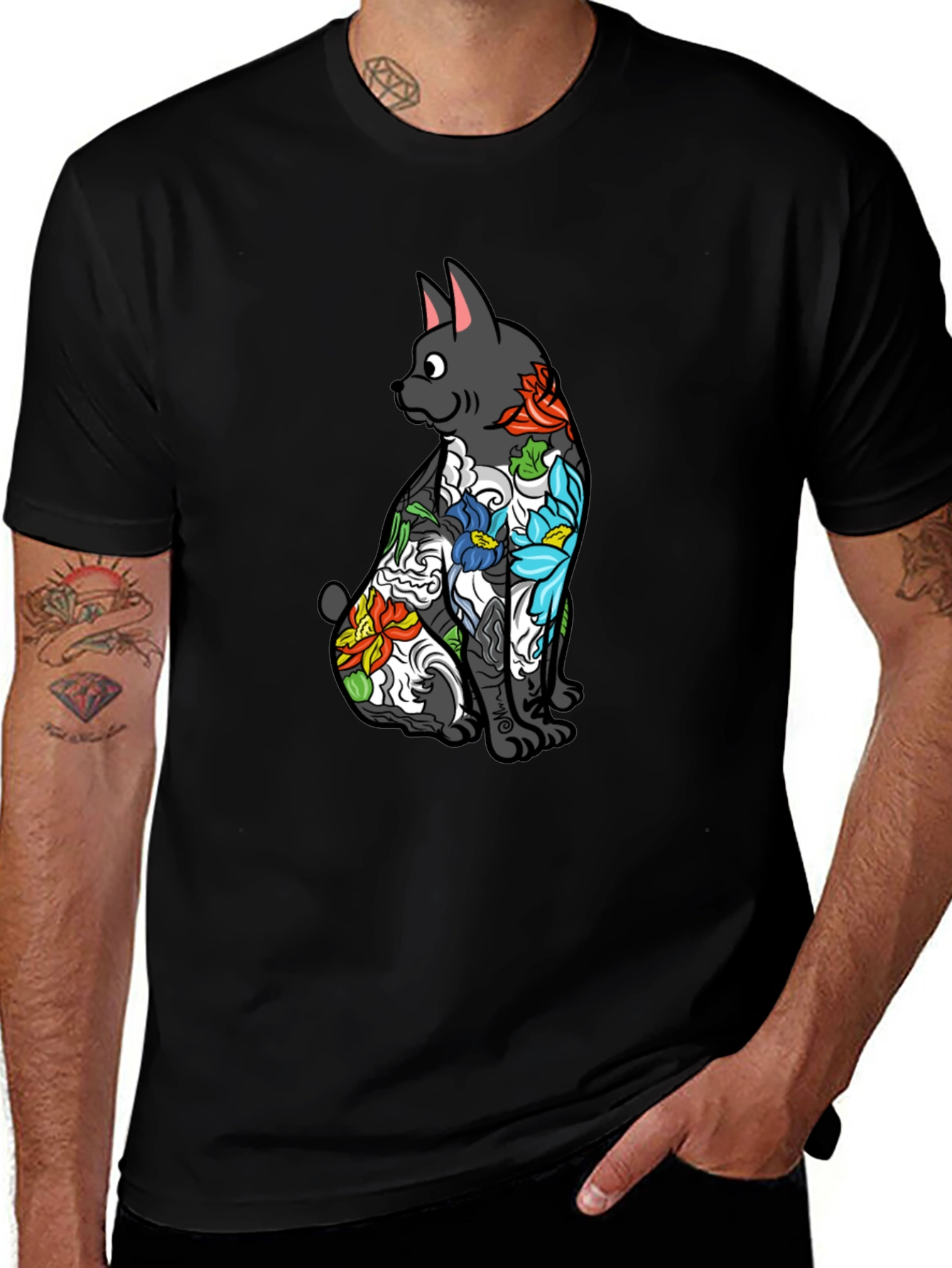 Variant 24 of Floral Tattoo Cat Graphic Tee - Black Unisex Shirt
