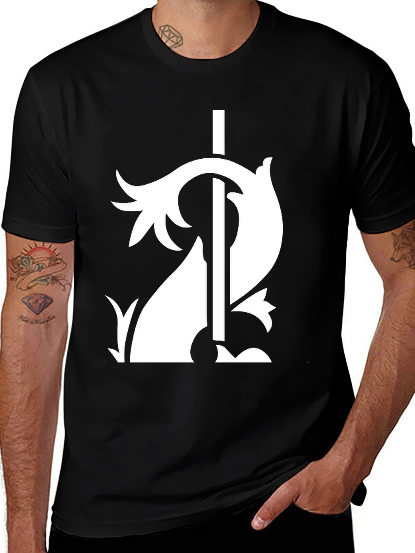 Variant 24 of Stylish Black Tee with White Floral Sword Graphic