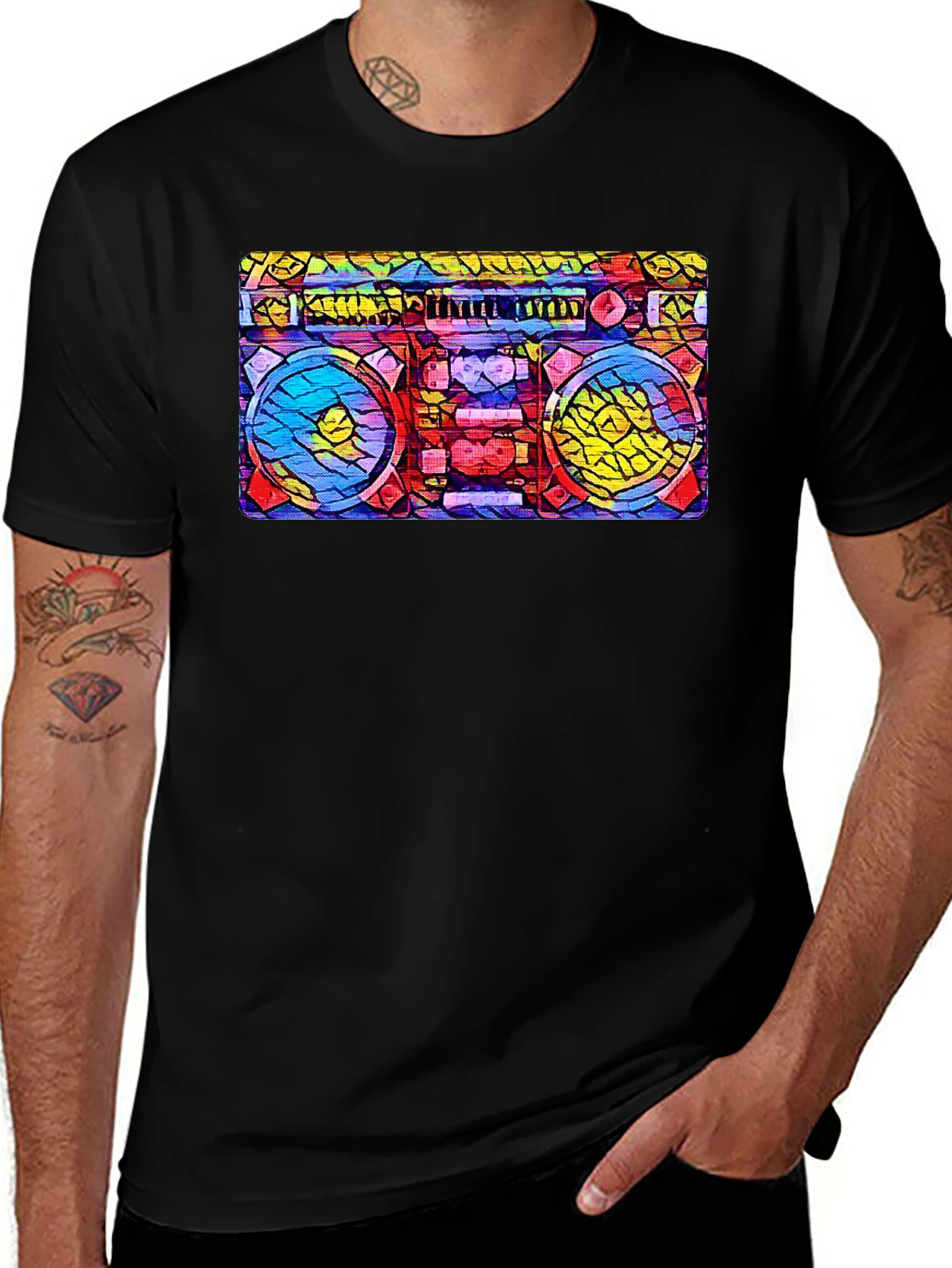 Variant 8 of Retro Boombox Stained Glass Style T-Shirt