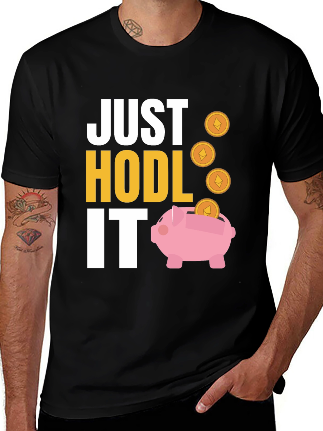 Variant 24 of Just Hodl It Crypto Tee - Ethereum Piggy Bank T-Shirt