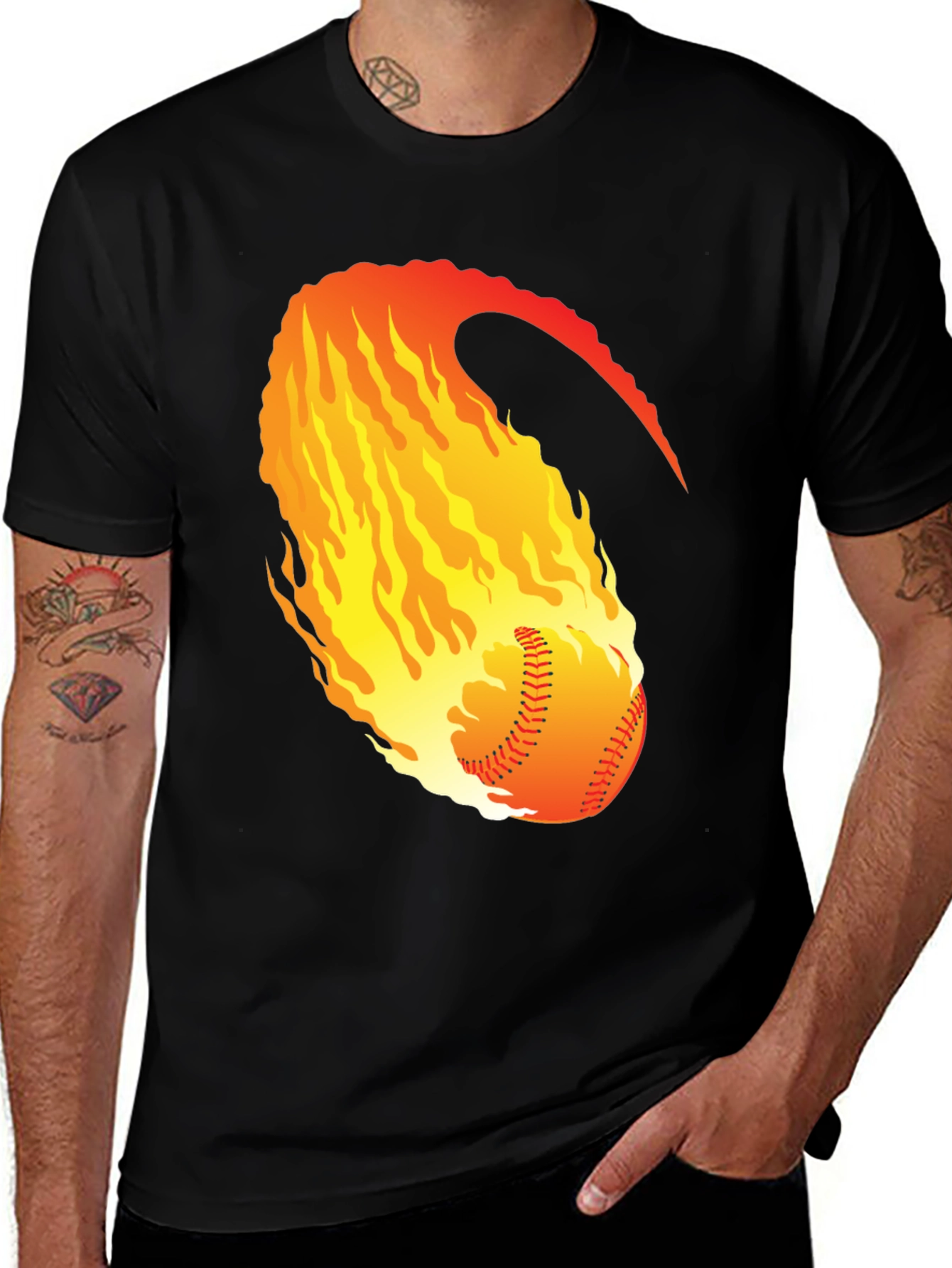 Variant 13 of Fiery Baseball Graphic Tee - Black Cotton Shirt