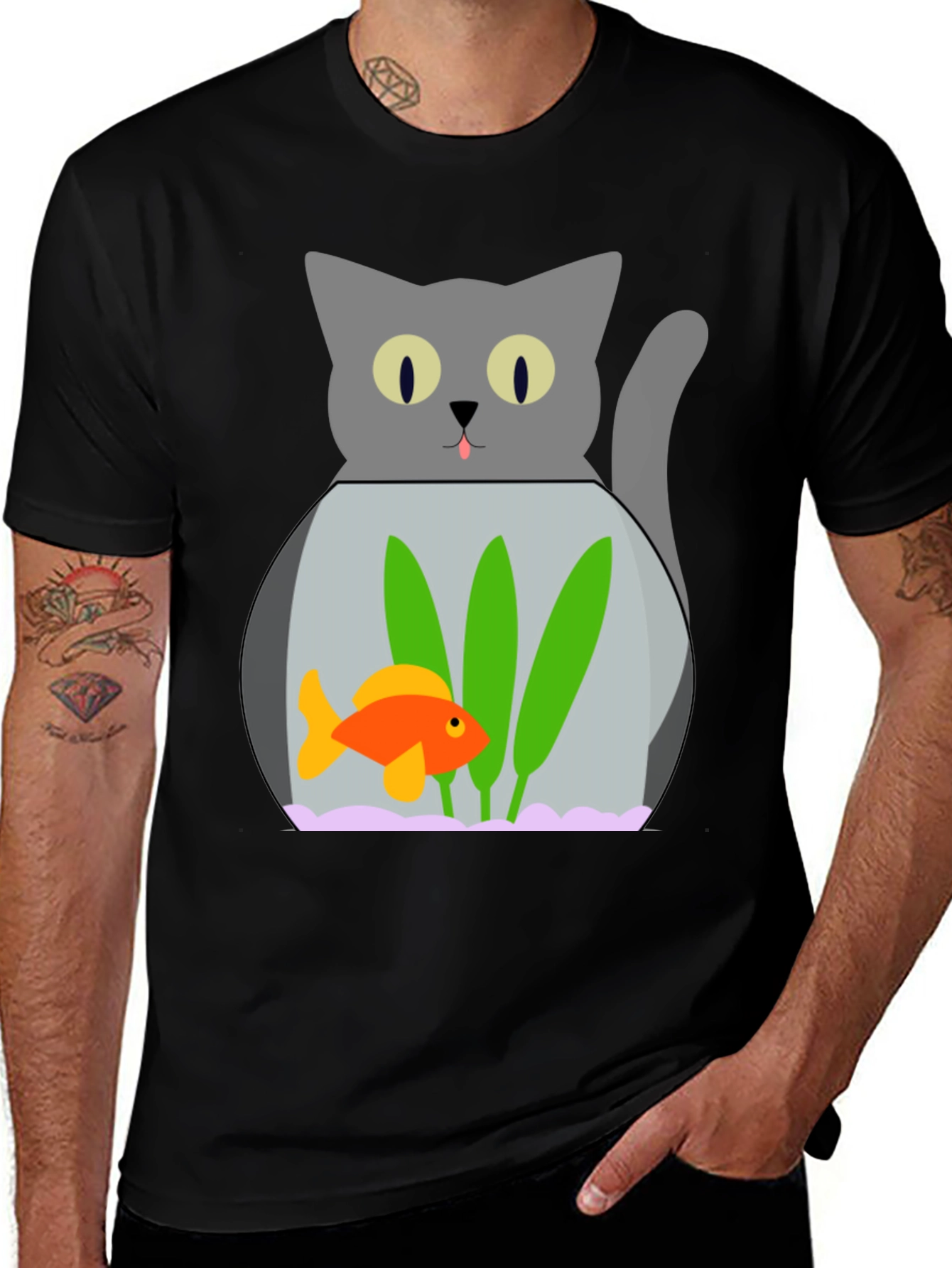 Variant 15 of Cat & Goldfish Bowl Graphic T-Shirt - Novelty Tee