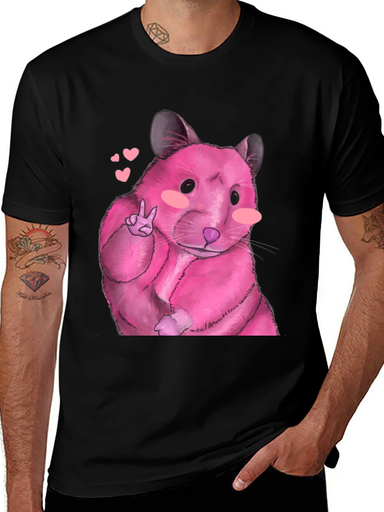 Variant 12 of Cute Pink Hamster Peace Sign Black T-Shirt