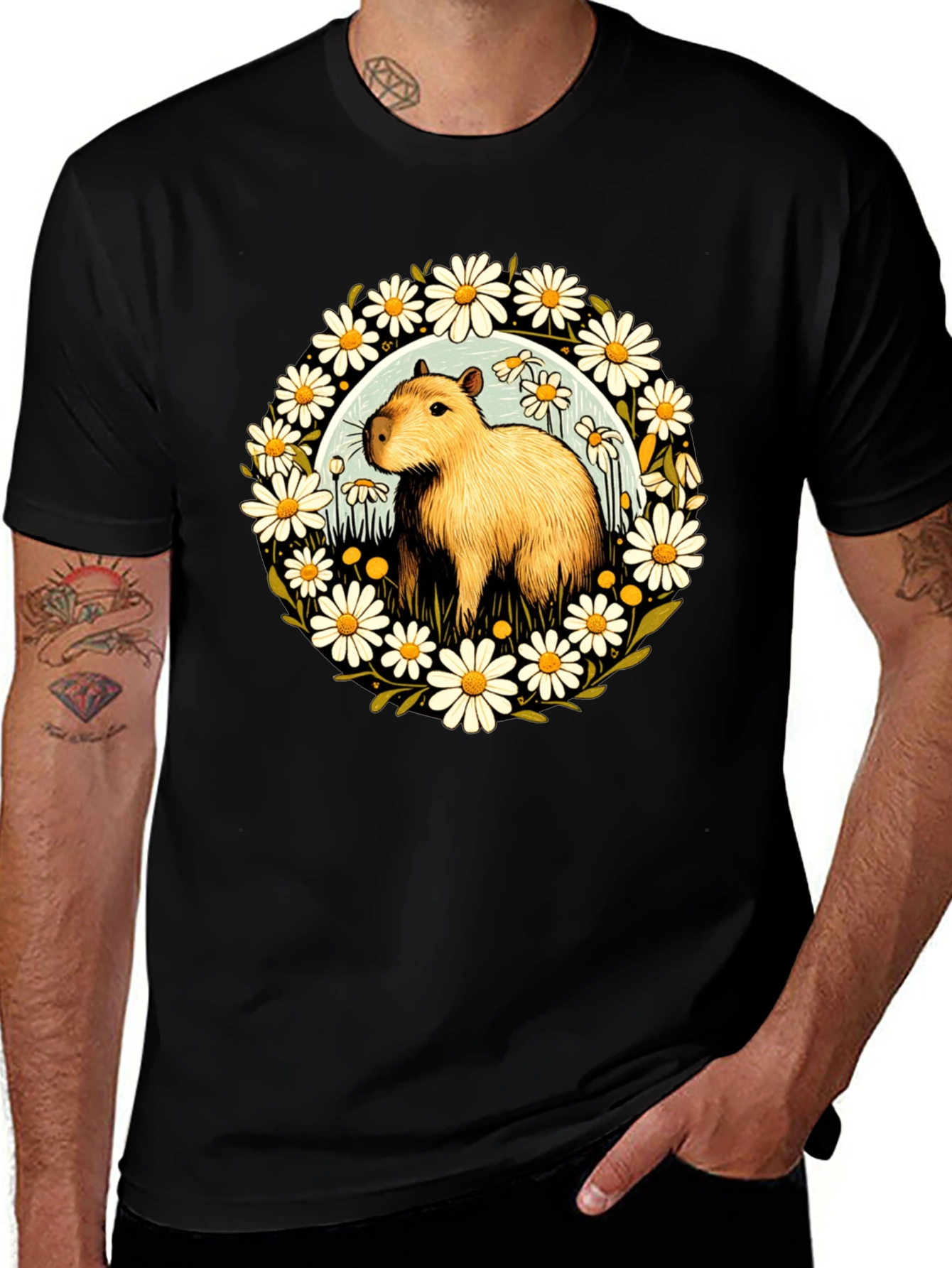 Variant 8 of Capybara Daisy Wreath Graphic Tee