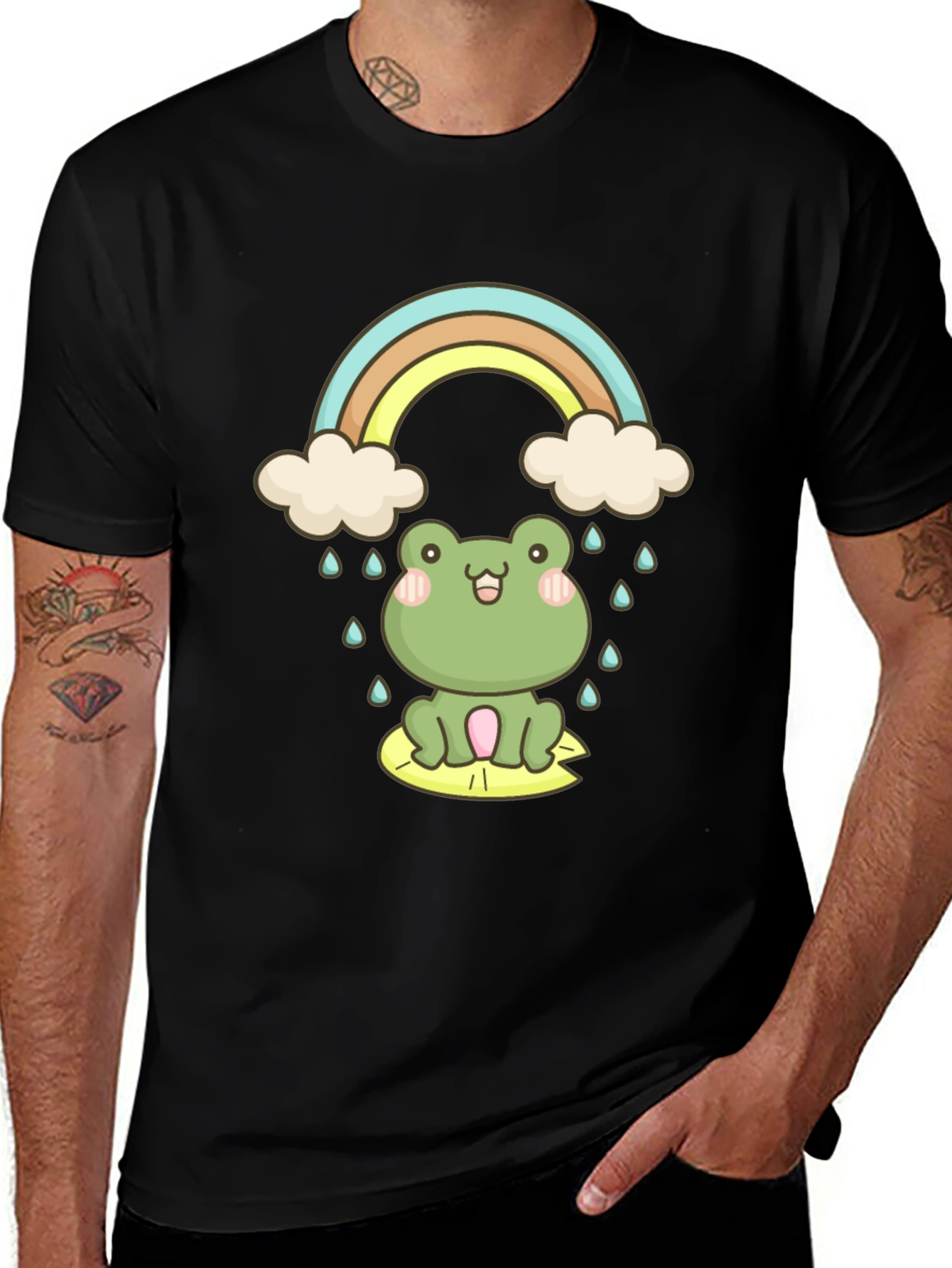 Variant 28 of Cute Frog Rainbow T-Shirt - Black Cotton Tee