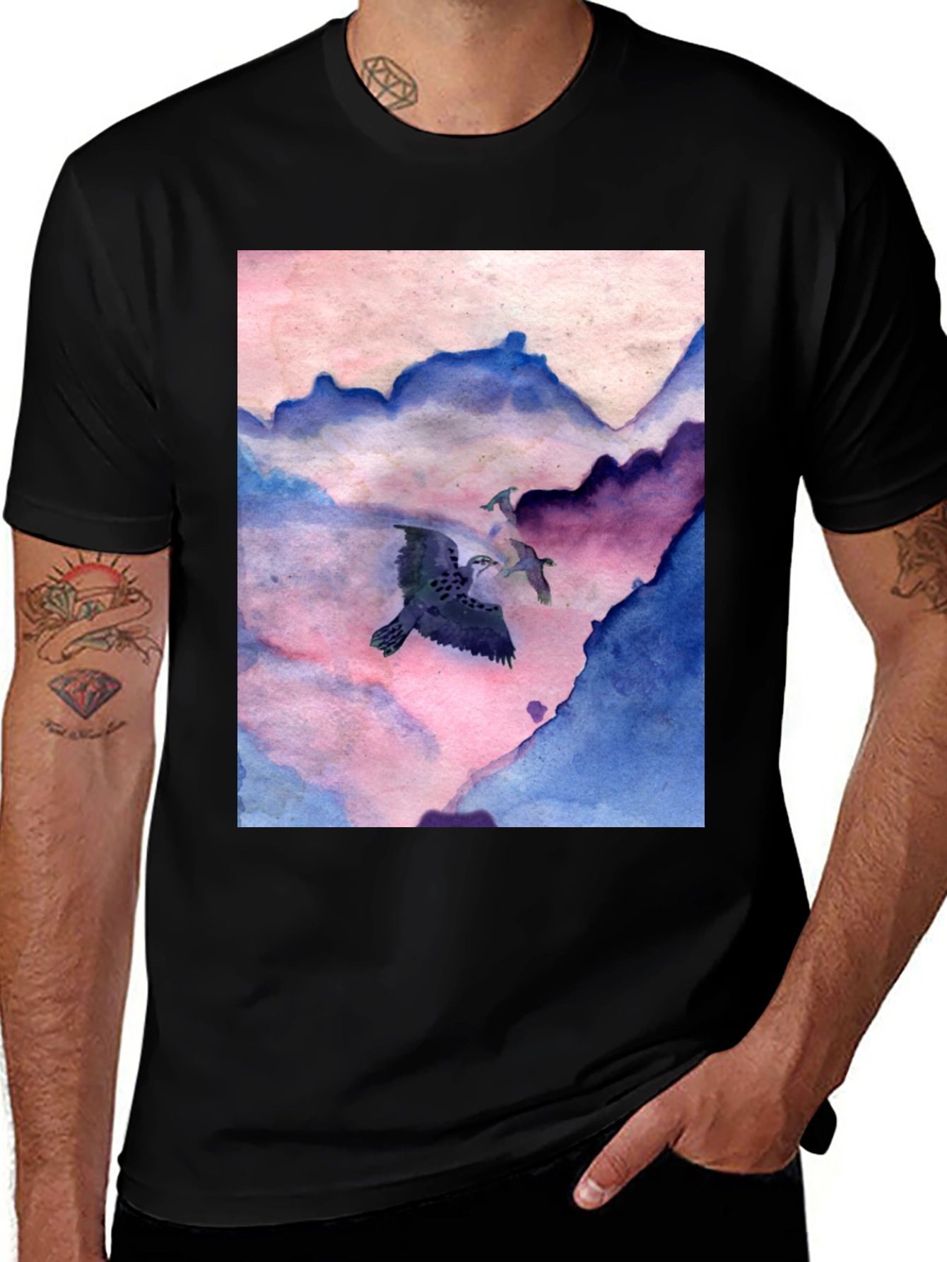 Variant 23 of Watercolor Birds in Flight Black T-Shirt