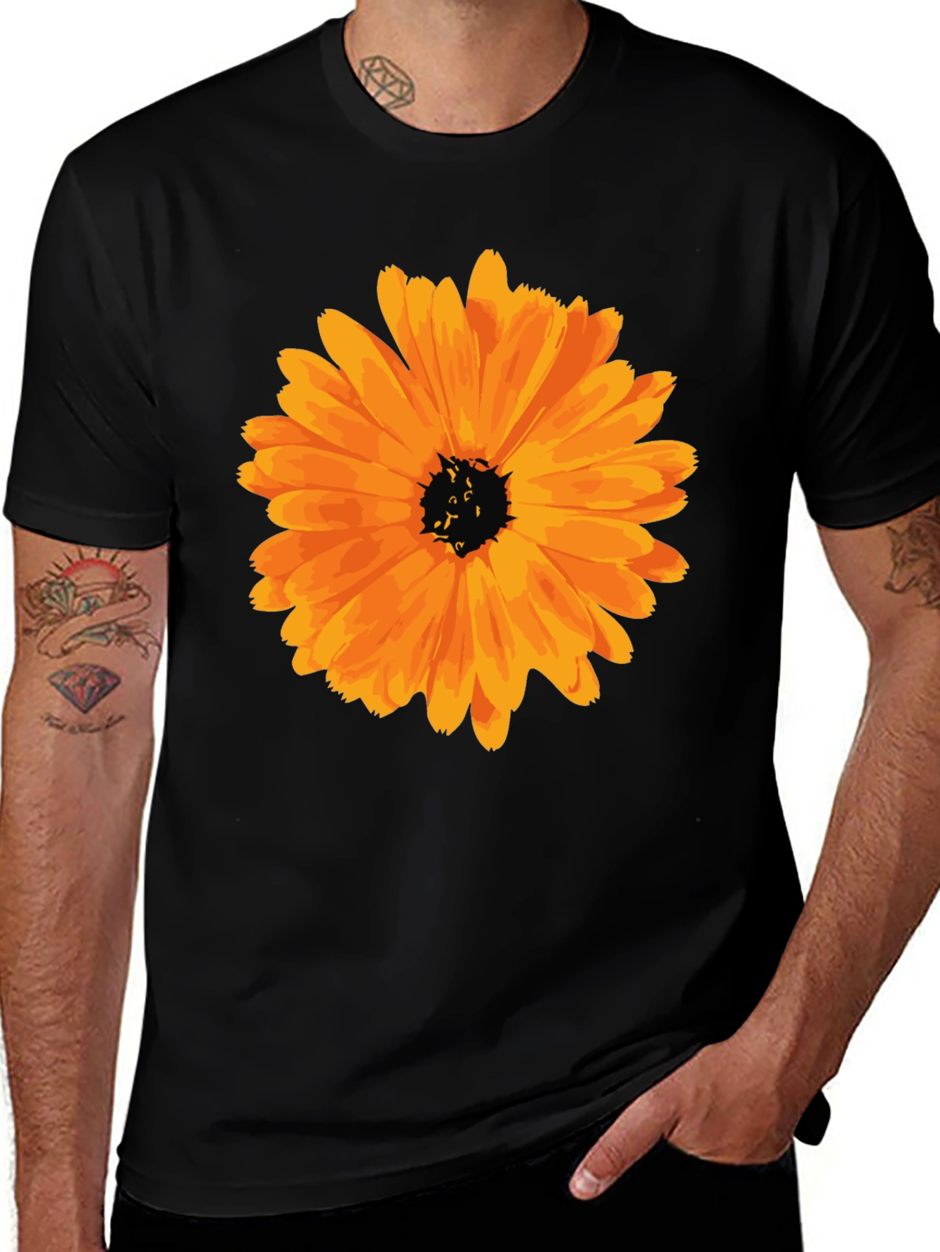 Black T-Shirt with Orange Calendula Flower Print