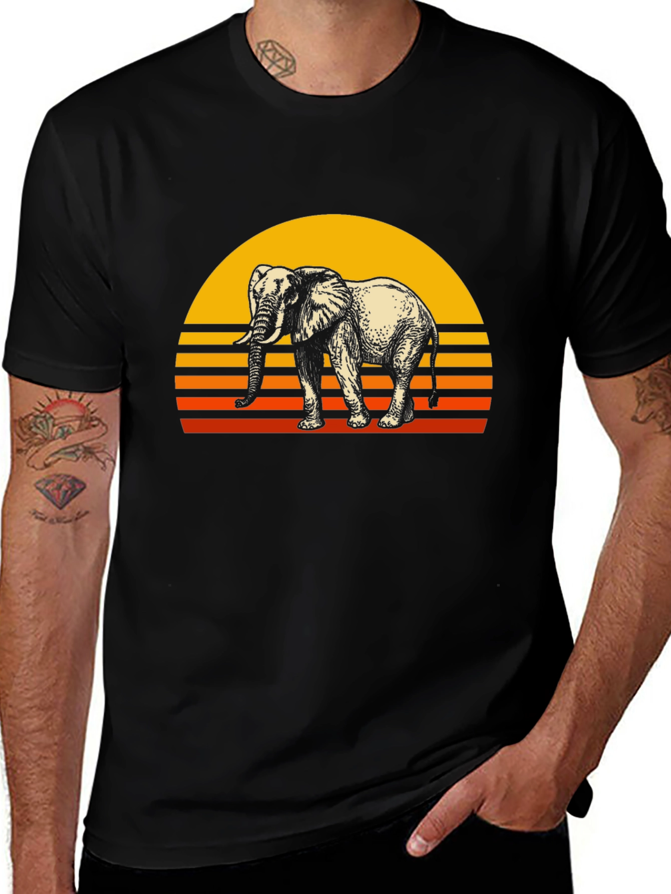 Retro Elephant Sunset Graphic Tee - Black Cotton