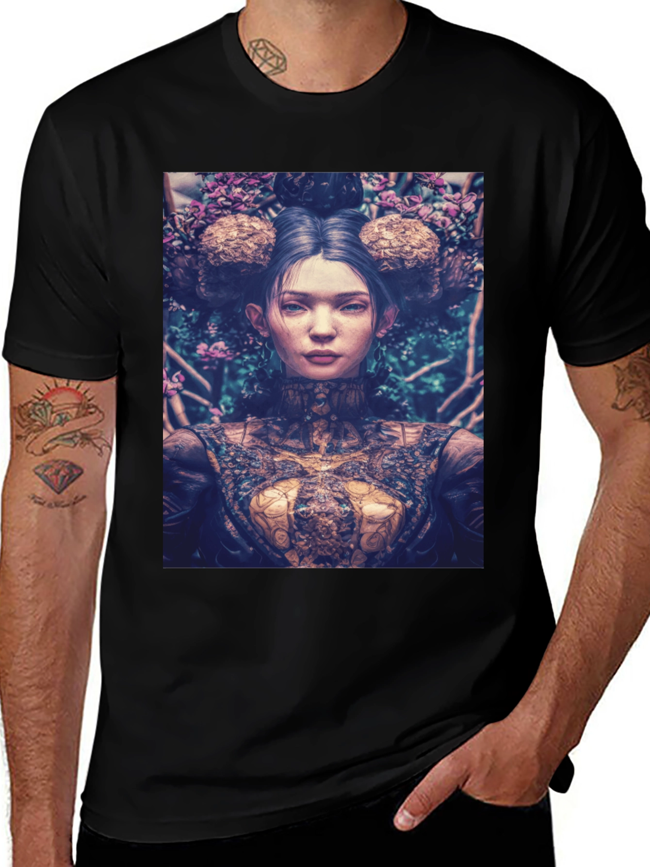 Variant 16 of Artistic Floral Portrait Graphic Tee - Black