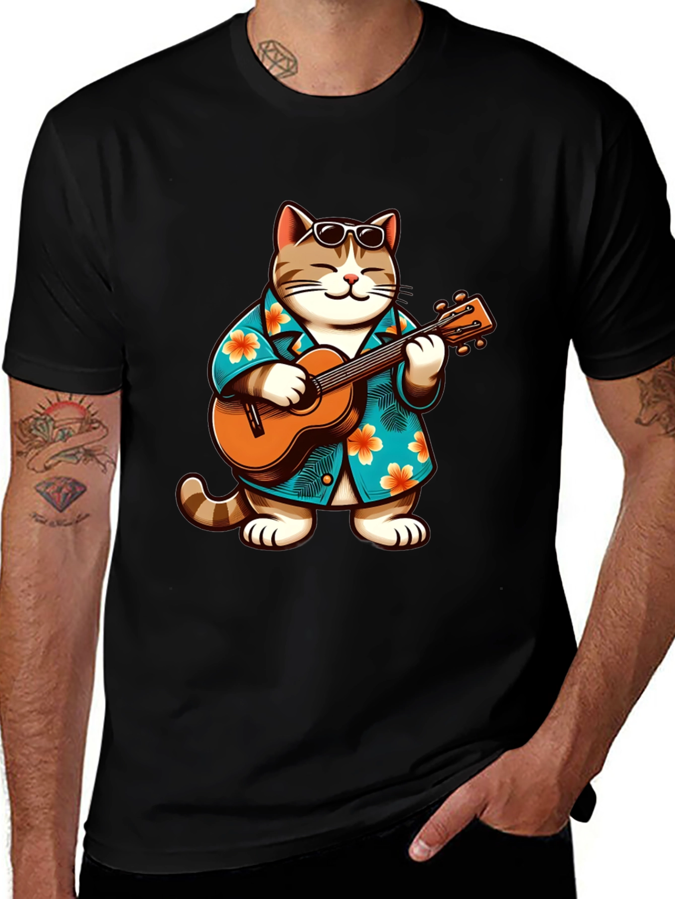 Variant 4 of Cool Cat Hawaiian Shirt Guitar Player T-Shirt