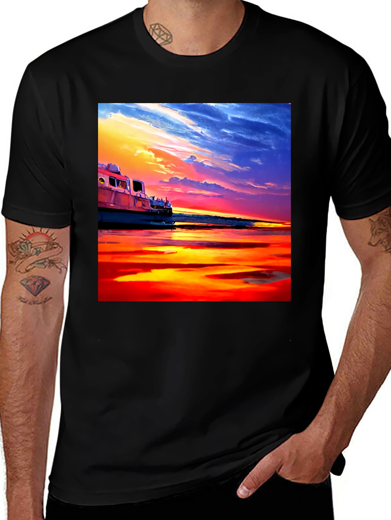 Variant 12 of Sunset Boat Graphic Tee - Vivid Colors, Soft Cotton