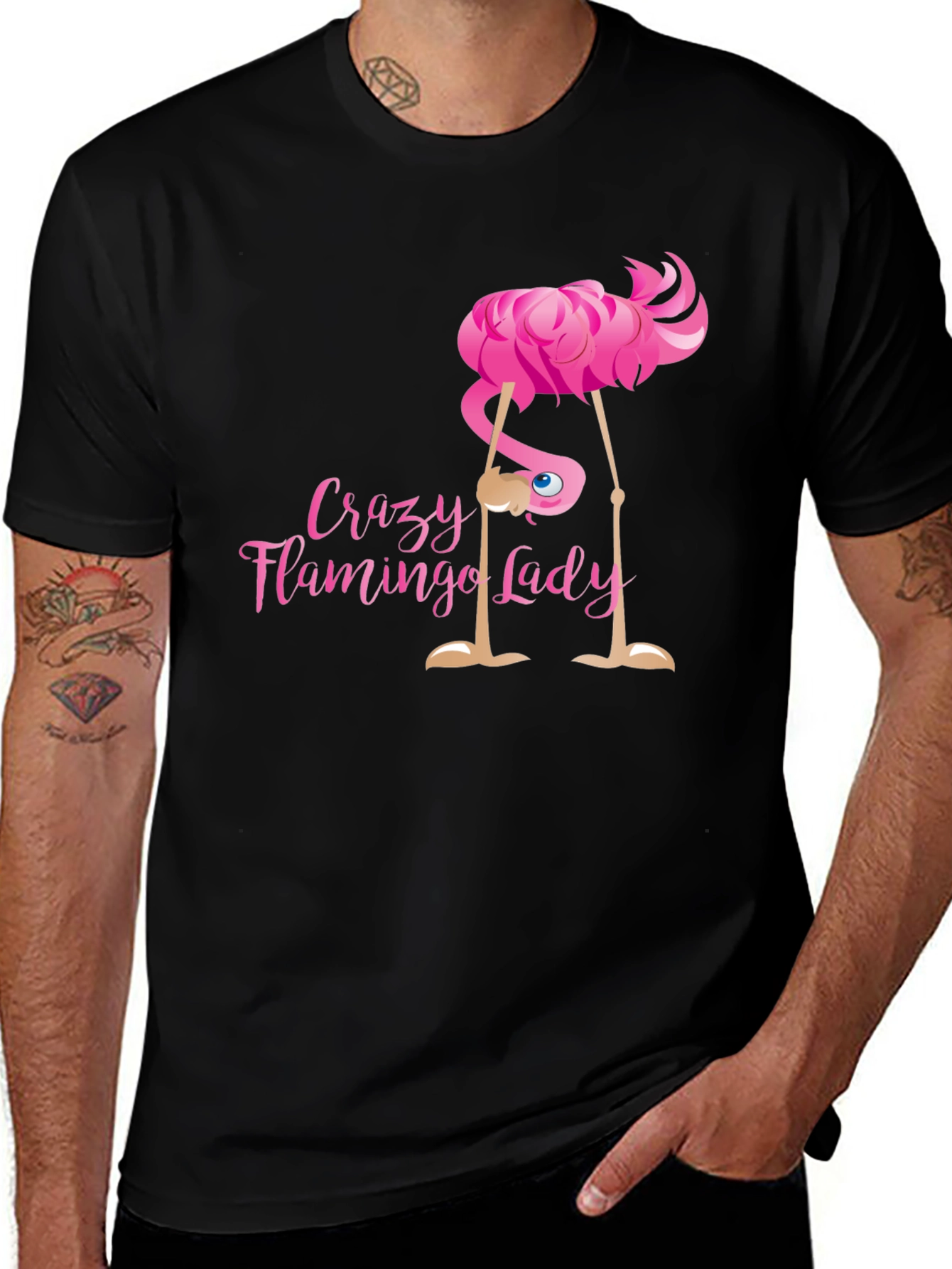 Variant 25 of Crazy Flamingo Lady Black T-Shirt Novelty Graphic Tee