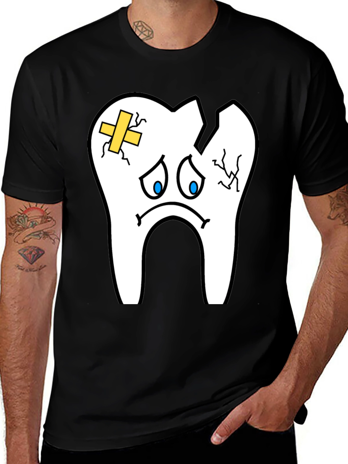 Black Sad Broken Tooth Graphic Tee - Dental Humor T-Shirt main image