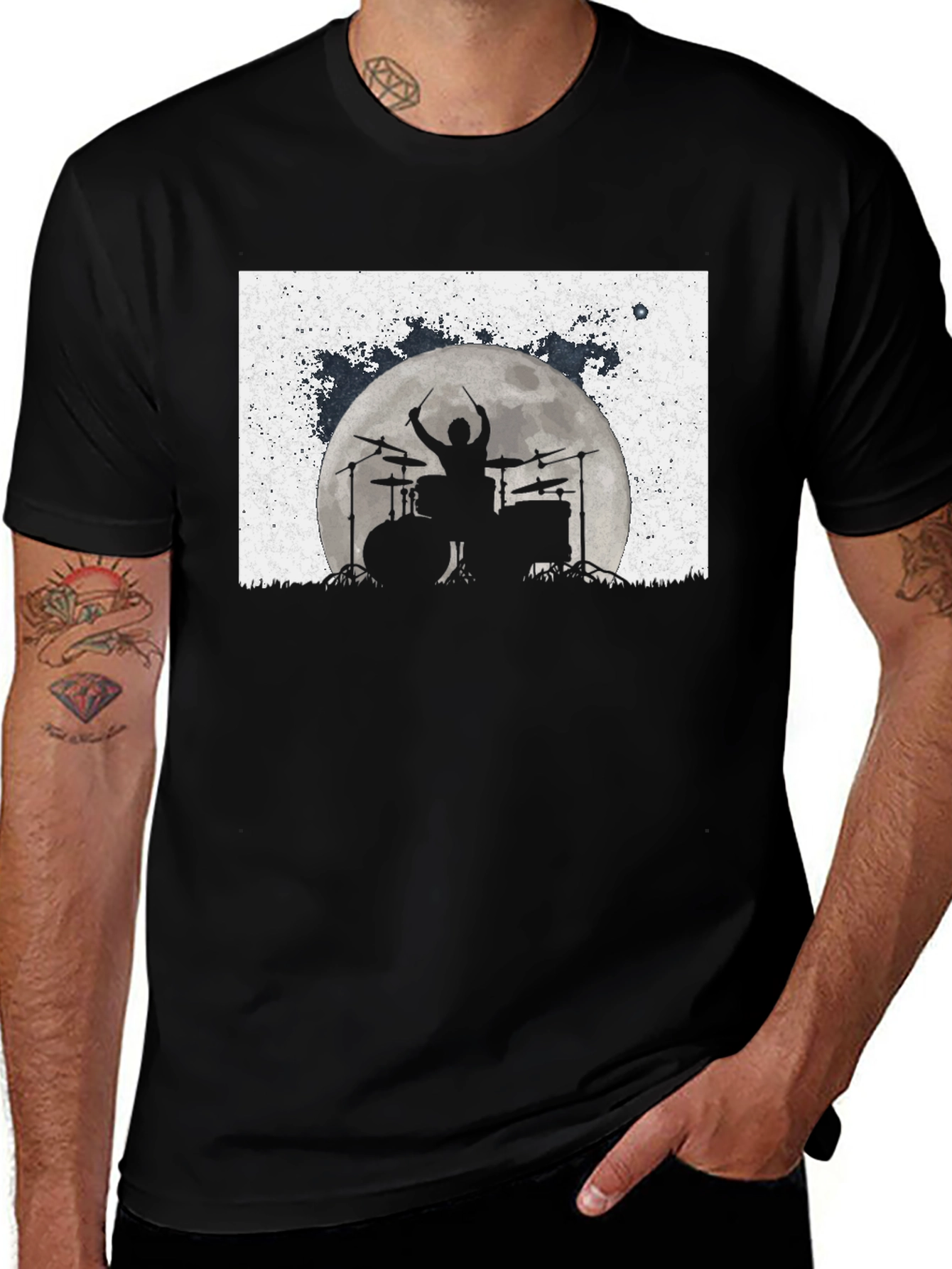 Variant 10 of Drummer Moon Silhouette T-Shirt - Black Graphic Tee