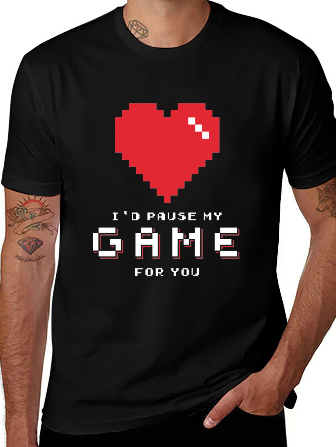Variant 8 of Gamer Love T-Shirt - I'd Pause My Game For You - Pixel Heart
