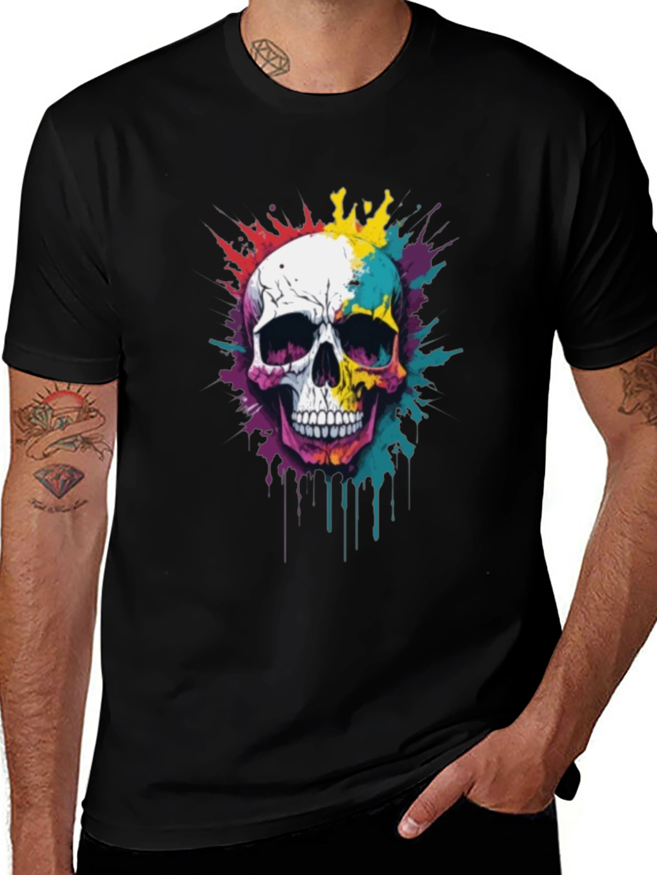 Variant 8 of Colorful Skull Graphic Print Black T-Shirt