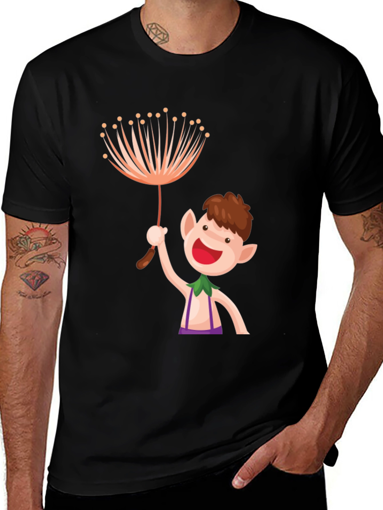 Variant 8 of Whimsical Elf Graphic Tee - Black Cotton