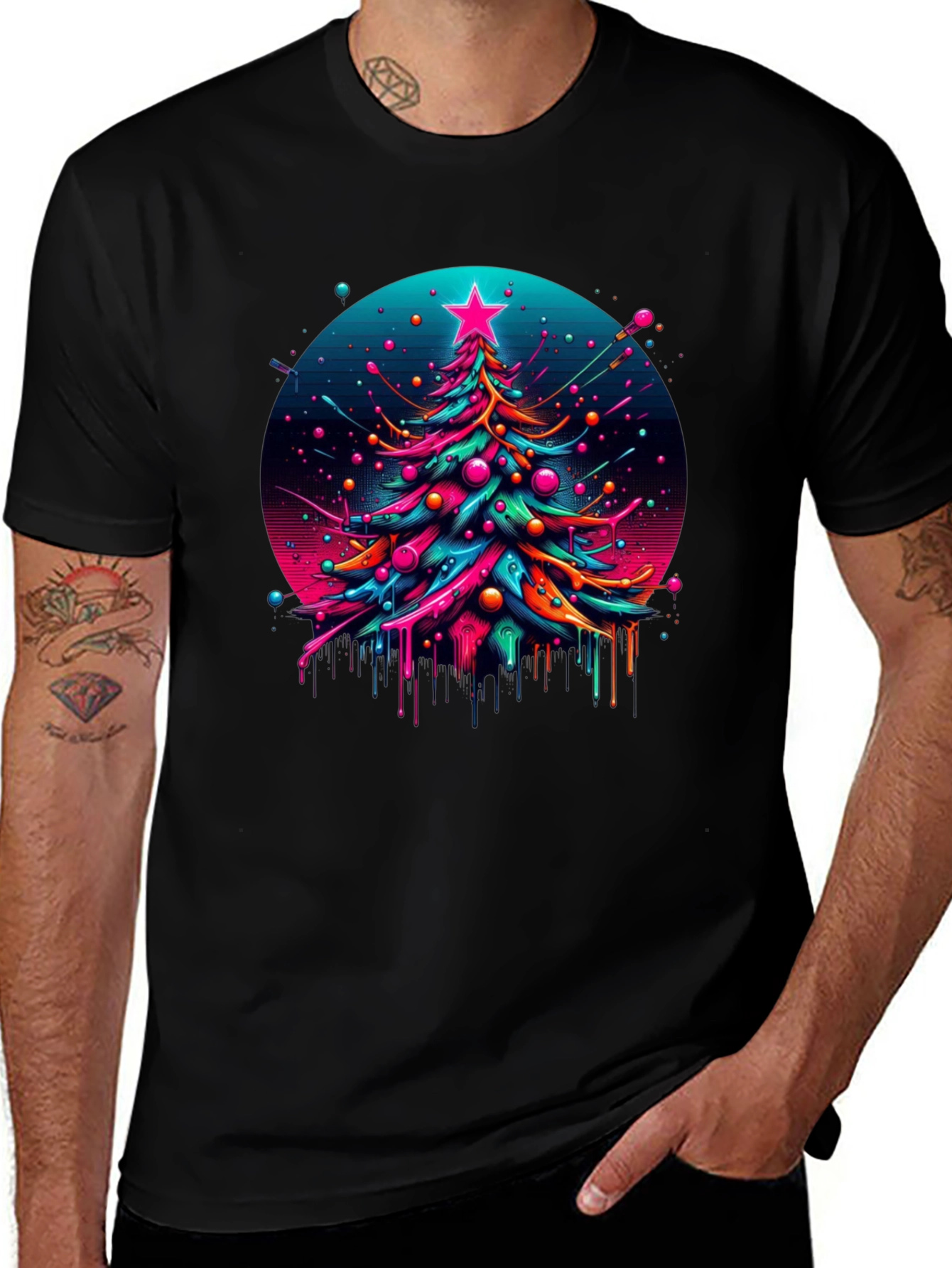 Variant 14 of Neon Christmas Tree Graphic Black T-Shirt