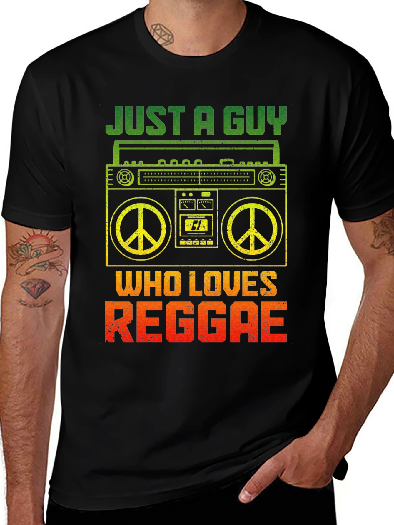 Variant 14 of Just A Guy Who Loves Reggae T-Shirt Boombox Peace Signs