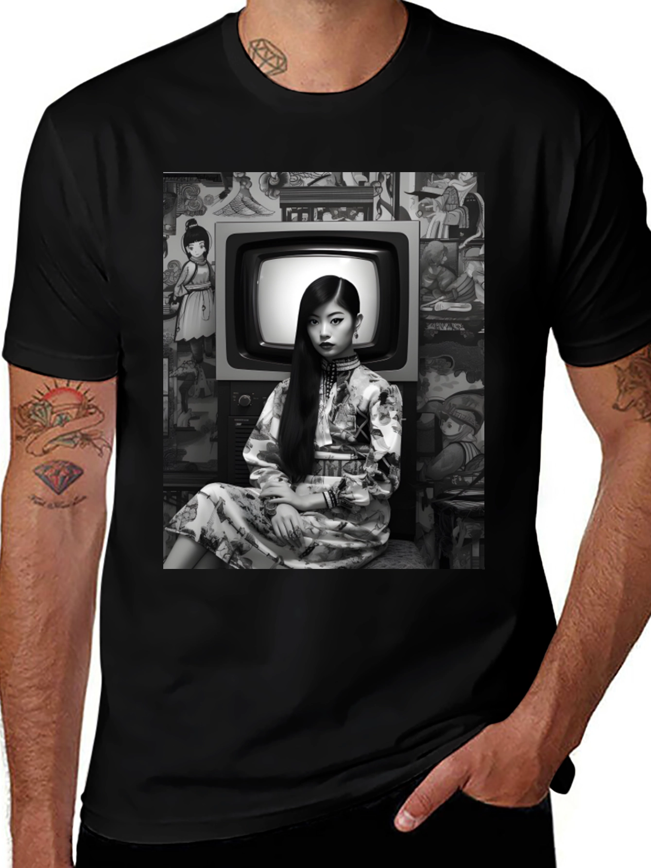 Variant 14 of Vintage Style Black T-Shirt with TV Girl Print