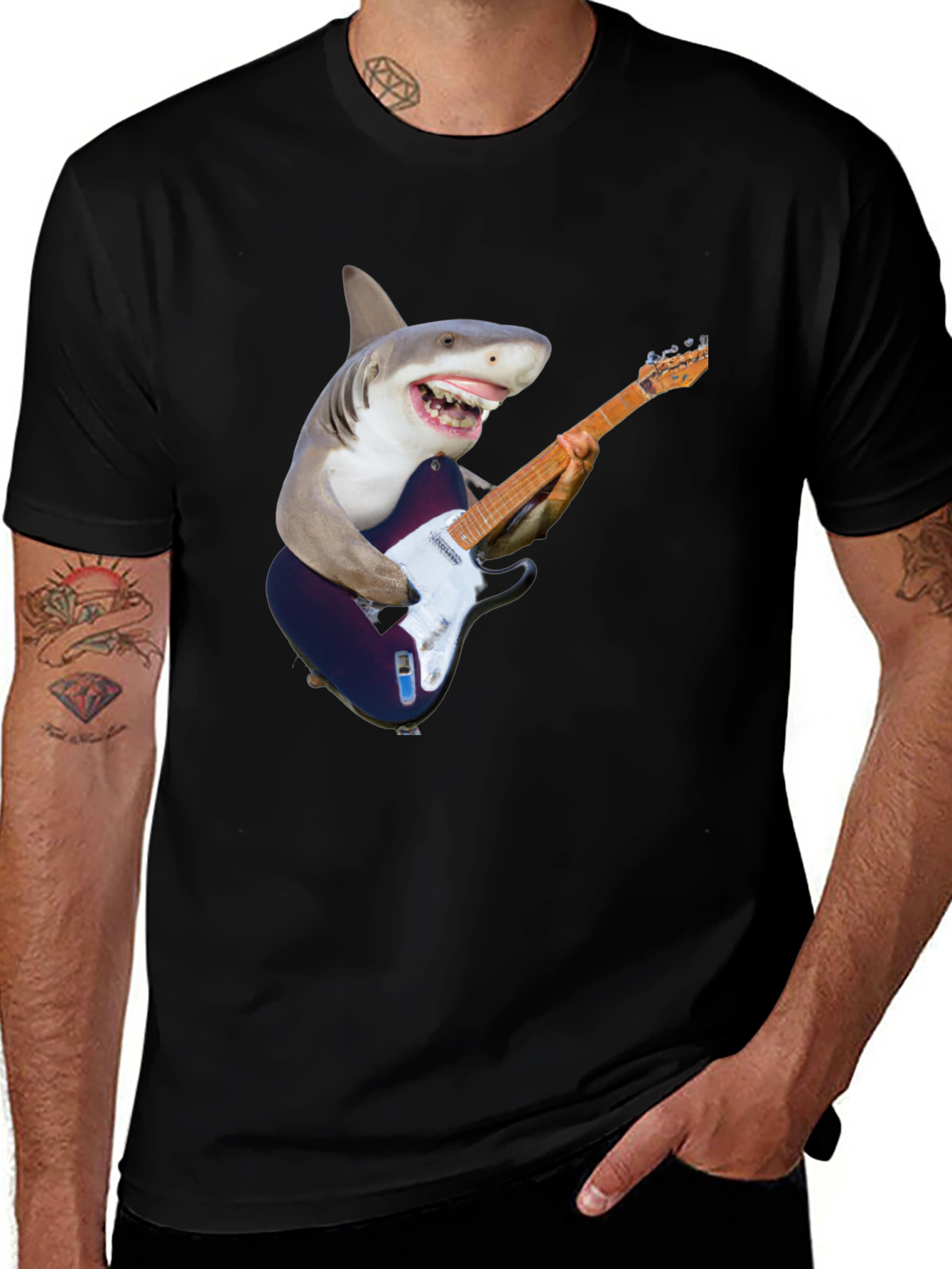 Variant 22 of Shark Guitarist Graphic T-Shirt - Black Cotton Tee