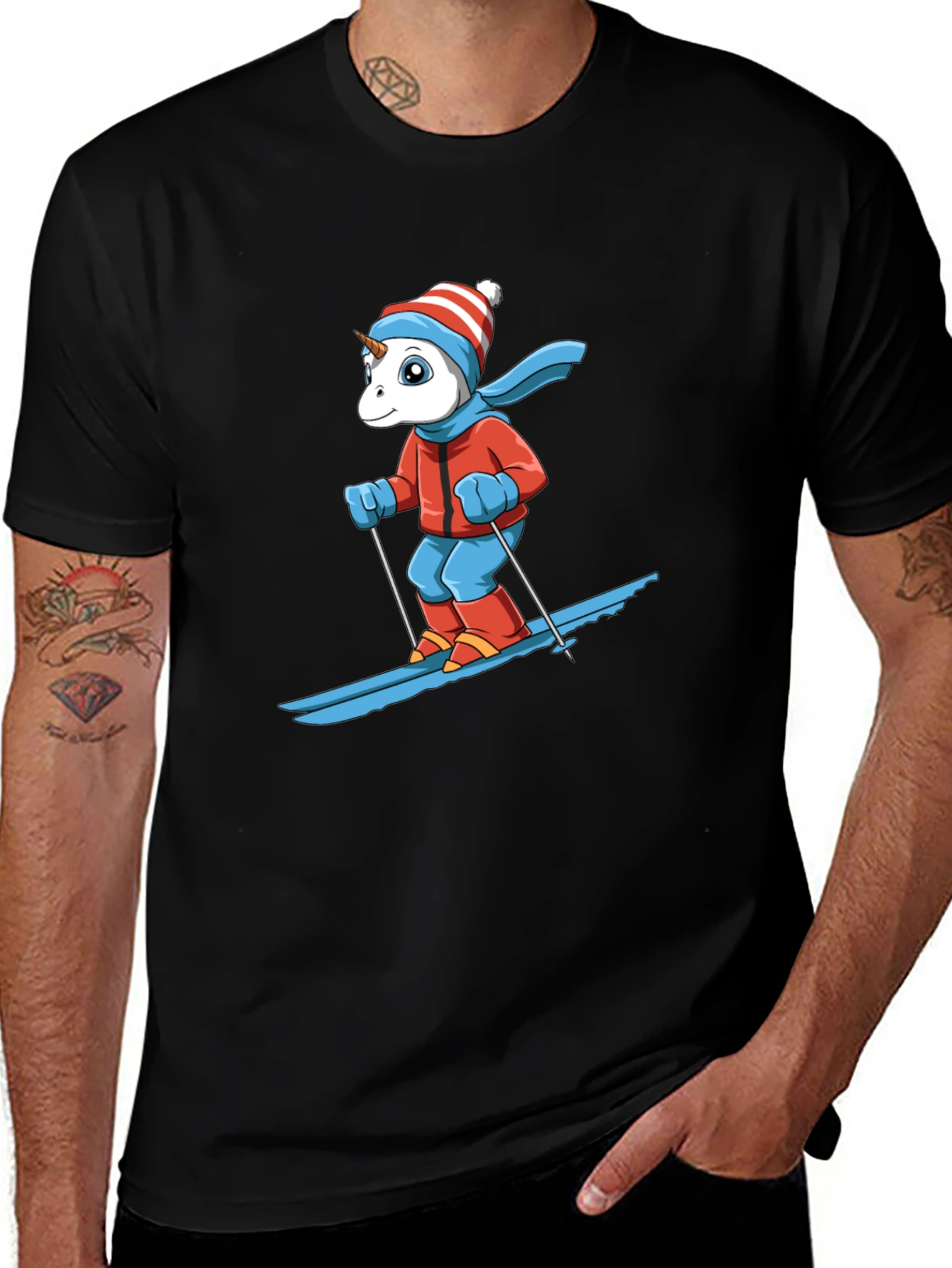 Variant 13 of Skiing Unicorn Graphic Tee - Black Cotton T-Shirt