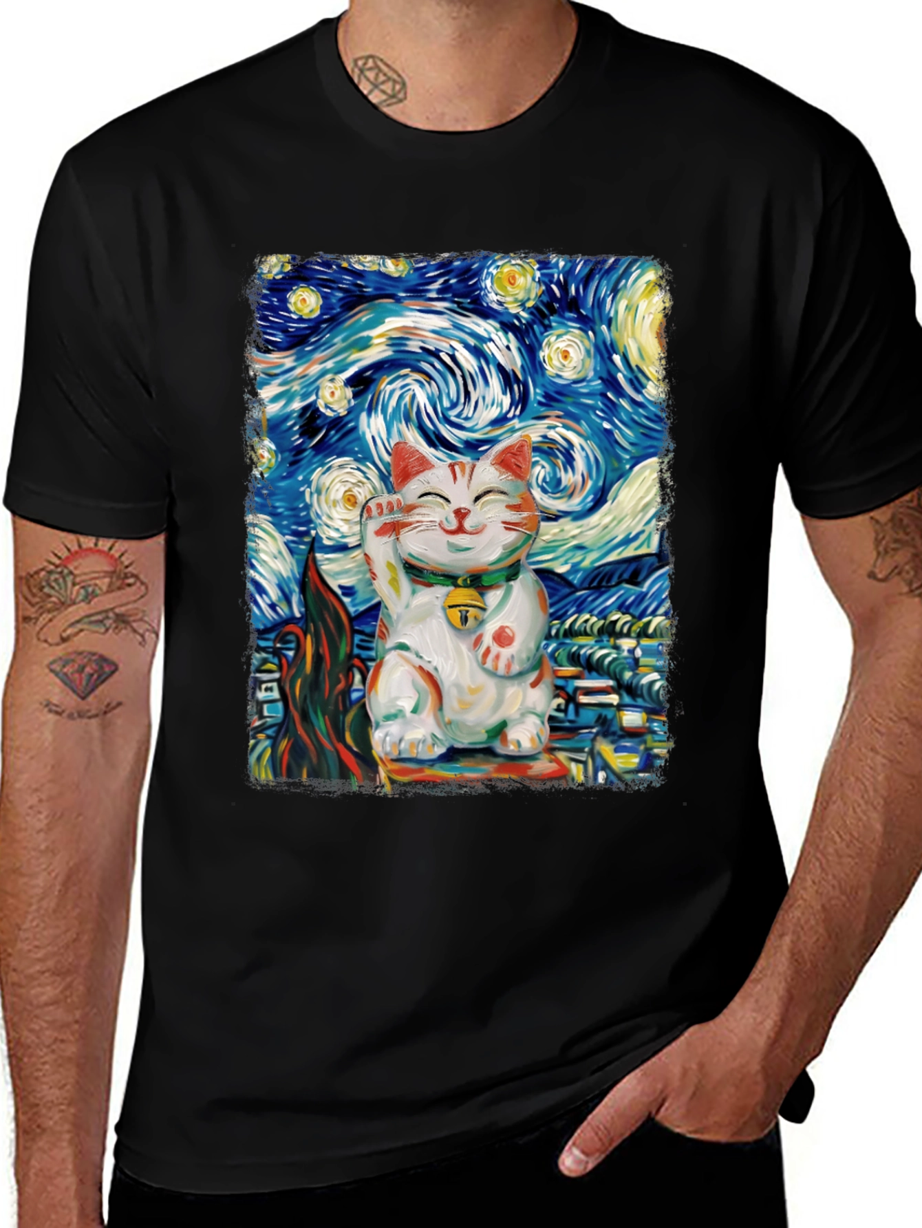 Variant 22 of Starry Cat T-Shirt - Lucky Cat Van Gogh Art