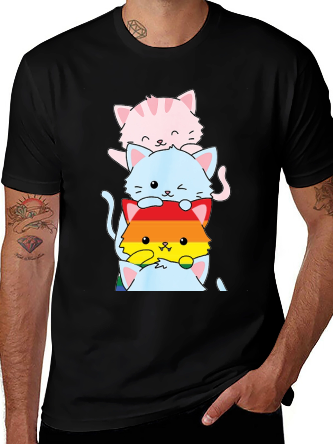 Black Stacked LGBTQ+ Cats T-Shirt main image