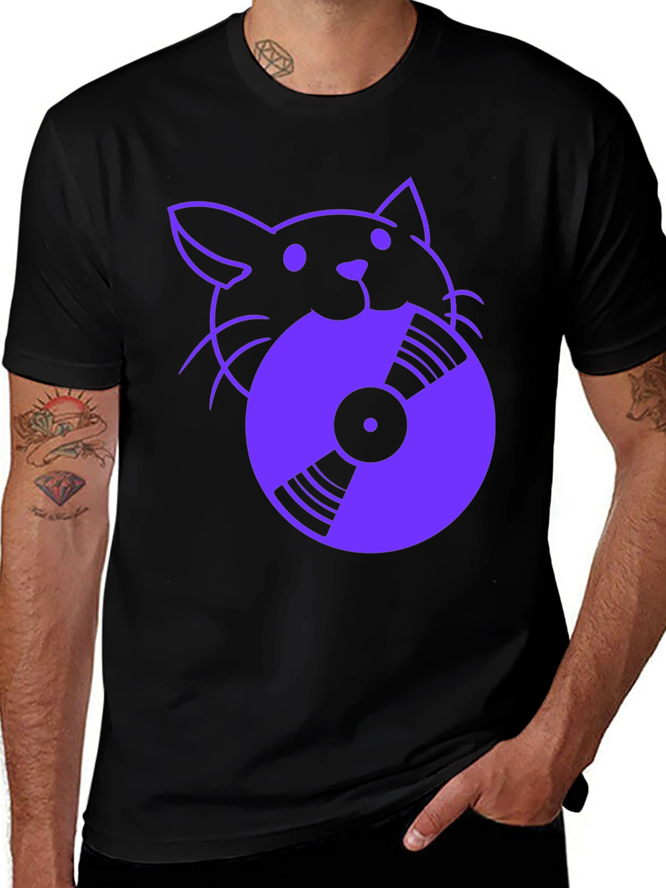 Variant 24 of Cat DJ Purple Vinyl Graphic Black T-Shirt