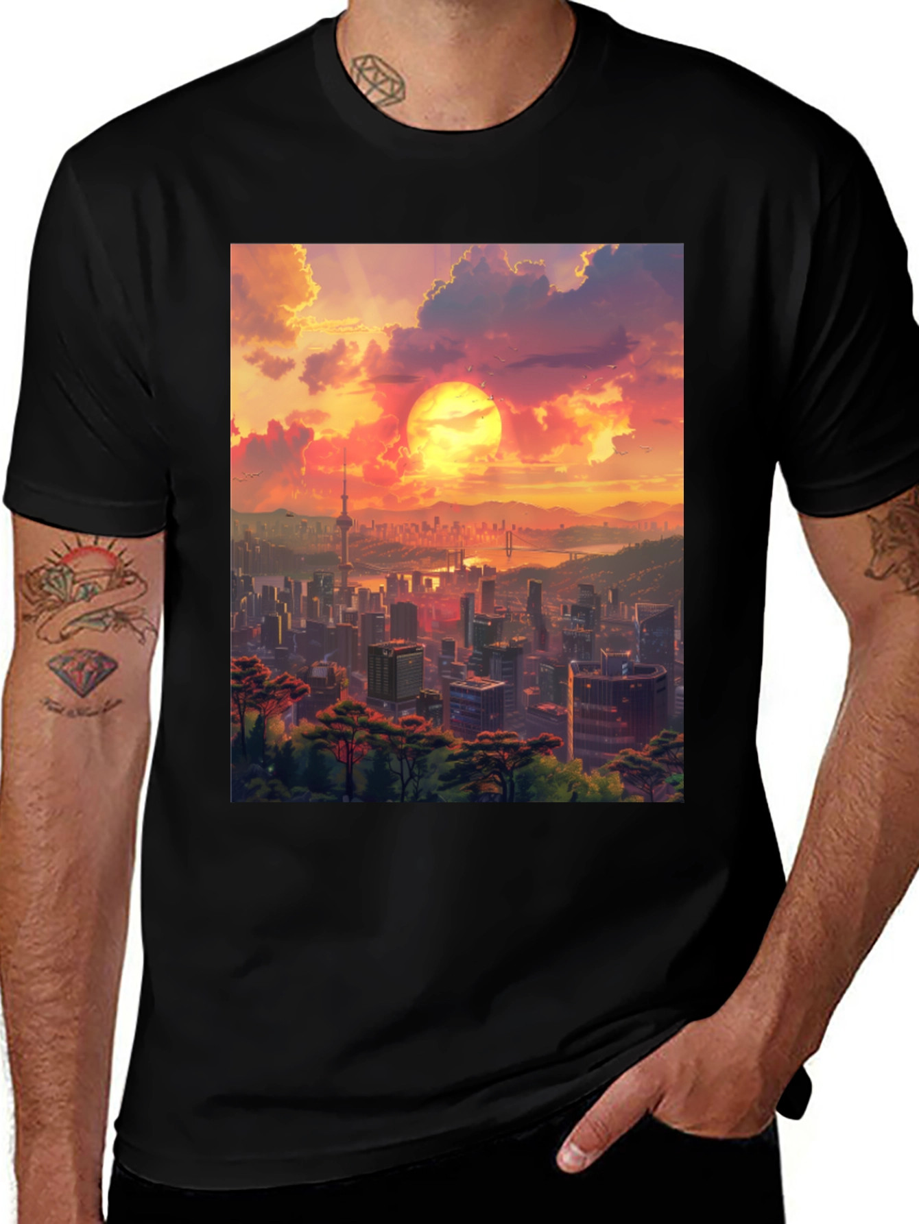 Variant 12 of Sunset Cityscape Graphic Tee - Black