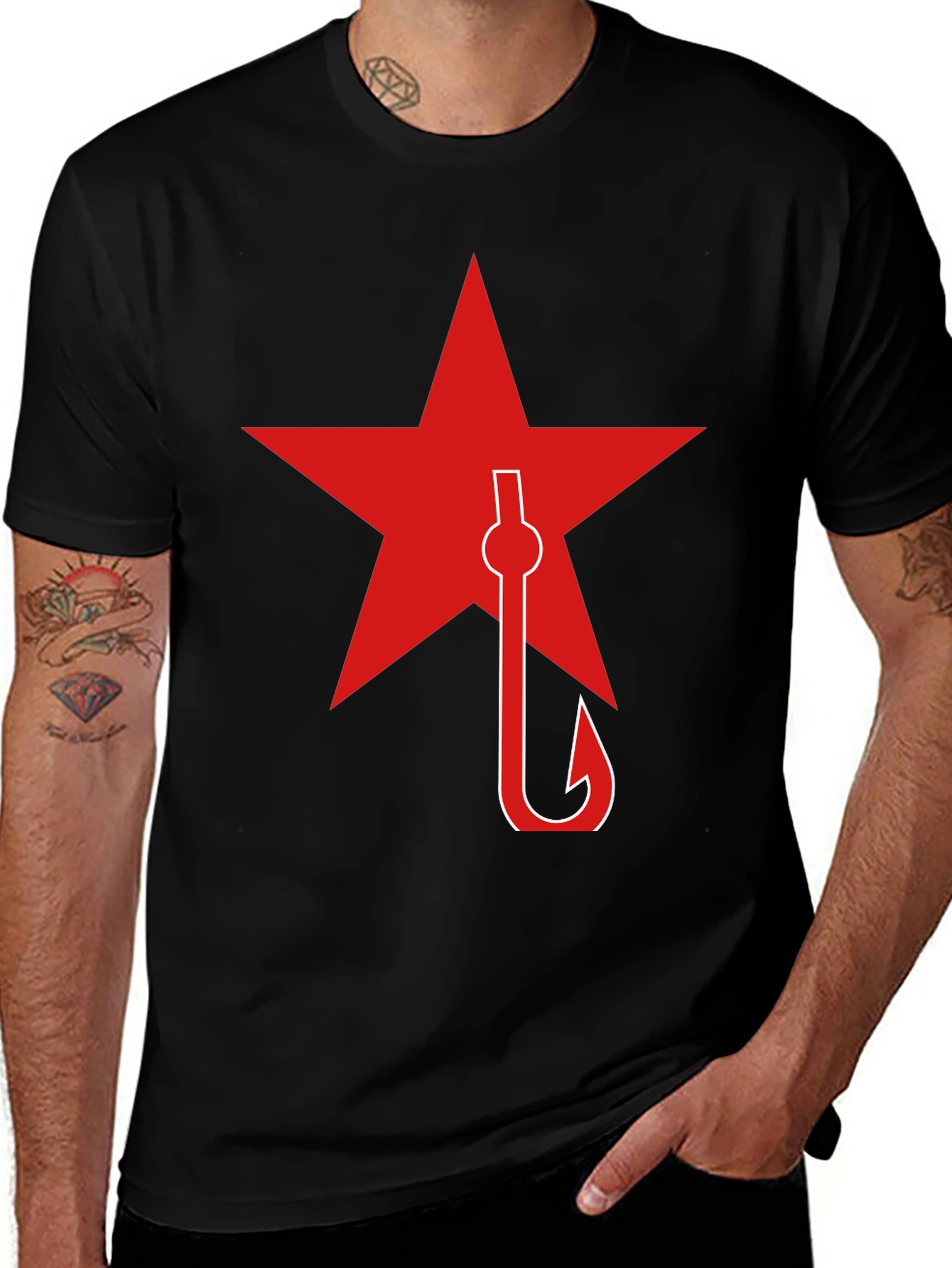 Red Star and Fishing Hook Graphic T-Shirt