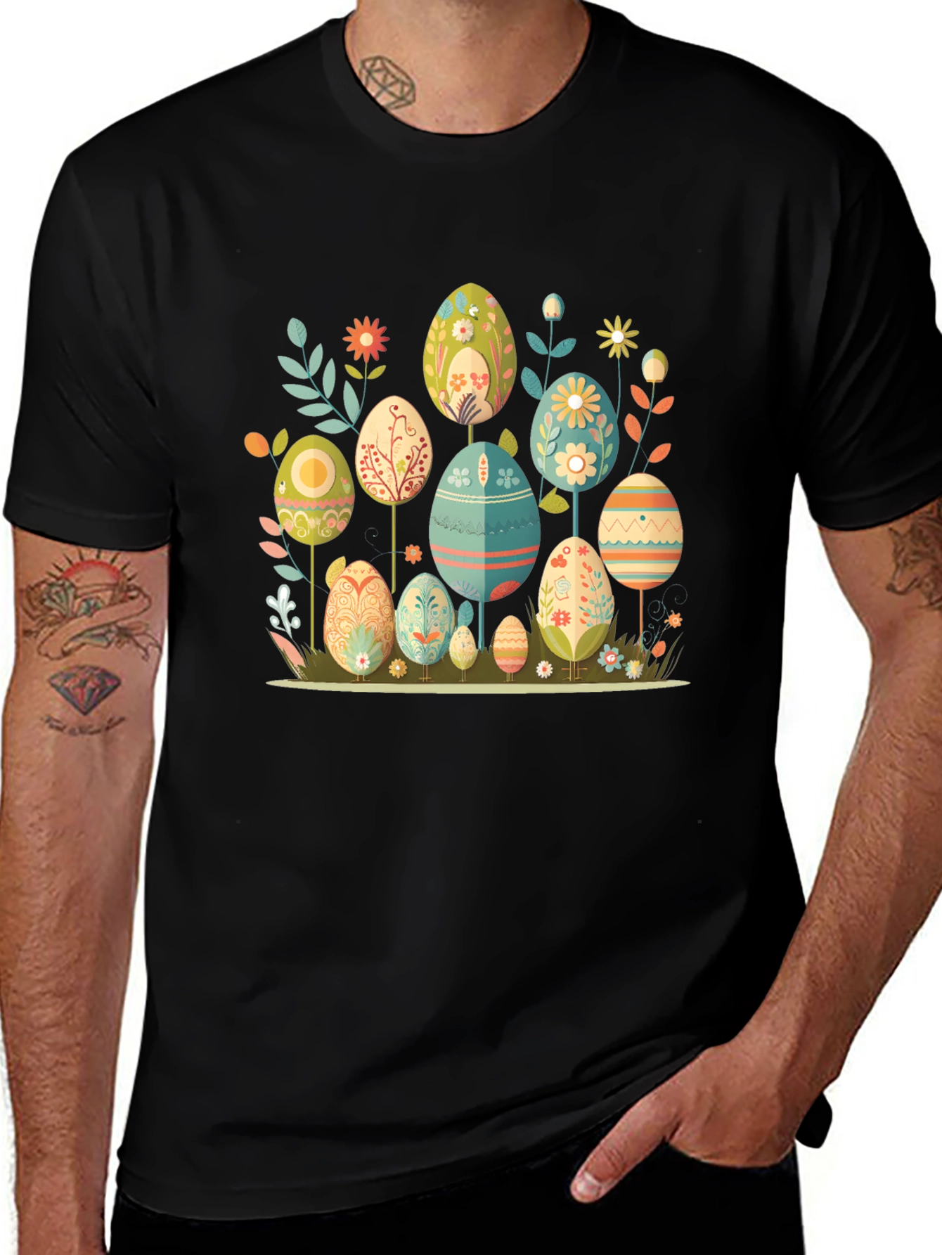 Easter Egg Floral T-Shirt - Black Cotton Blend
