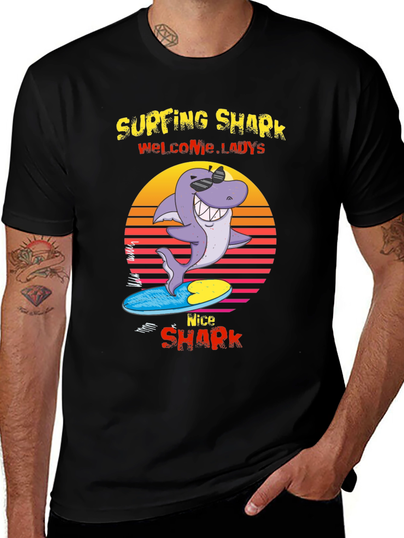 Variant 11 of Surfing Shark Graphic Tee - Welcome Ladies, Nice Shark