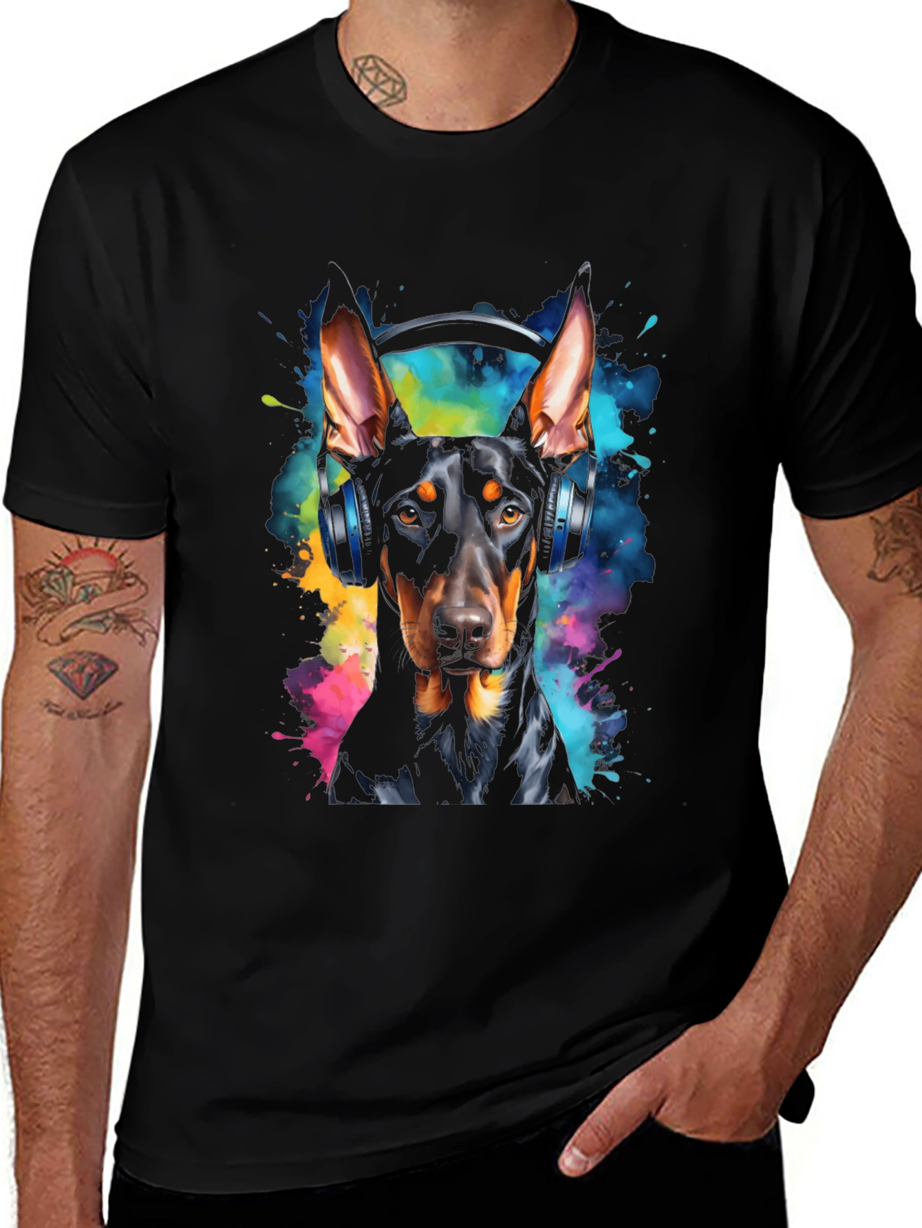 Variant 11 of Doberman Dog Headphones Graphic Black T-Shirt