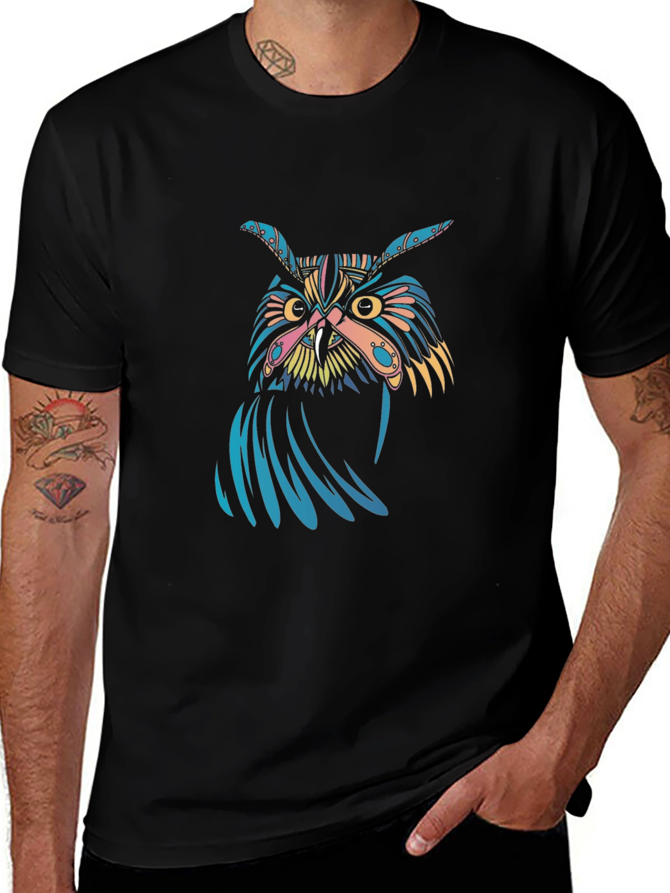 Variant 24 of Vibrant Owl Graphic Print Black T-Shirt