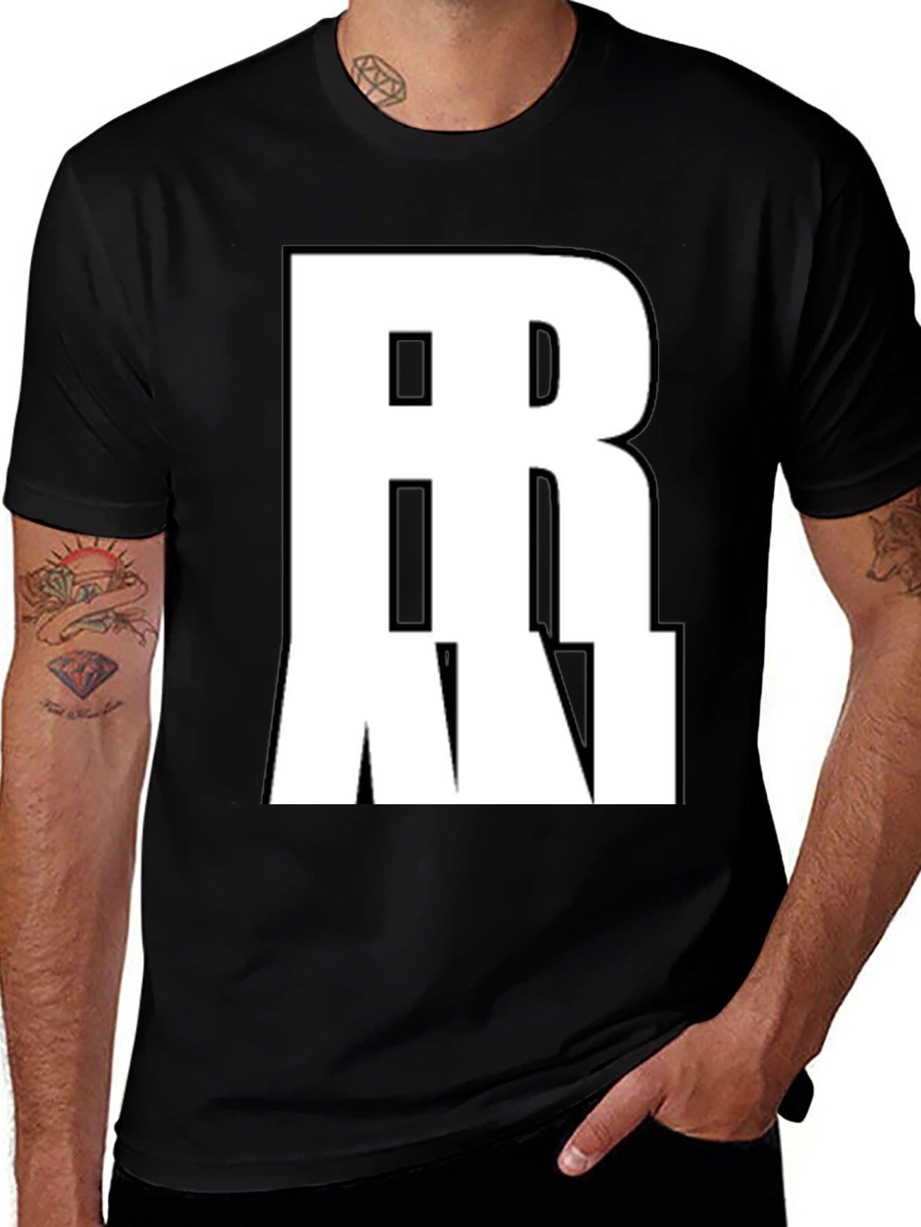 Variant 6 of Bold Graphic Tee - White R Design on Black Cotton