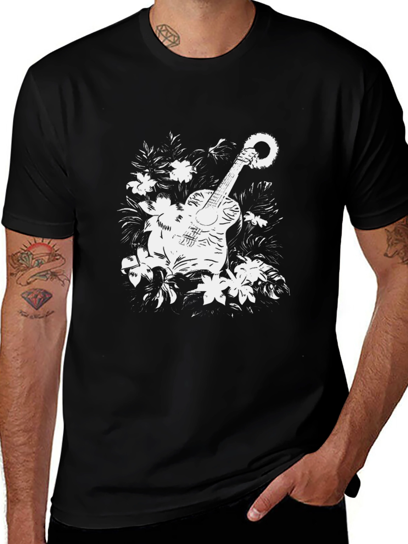 Variant 8 of Floral Guitar Graphic T-Shirt - Black