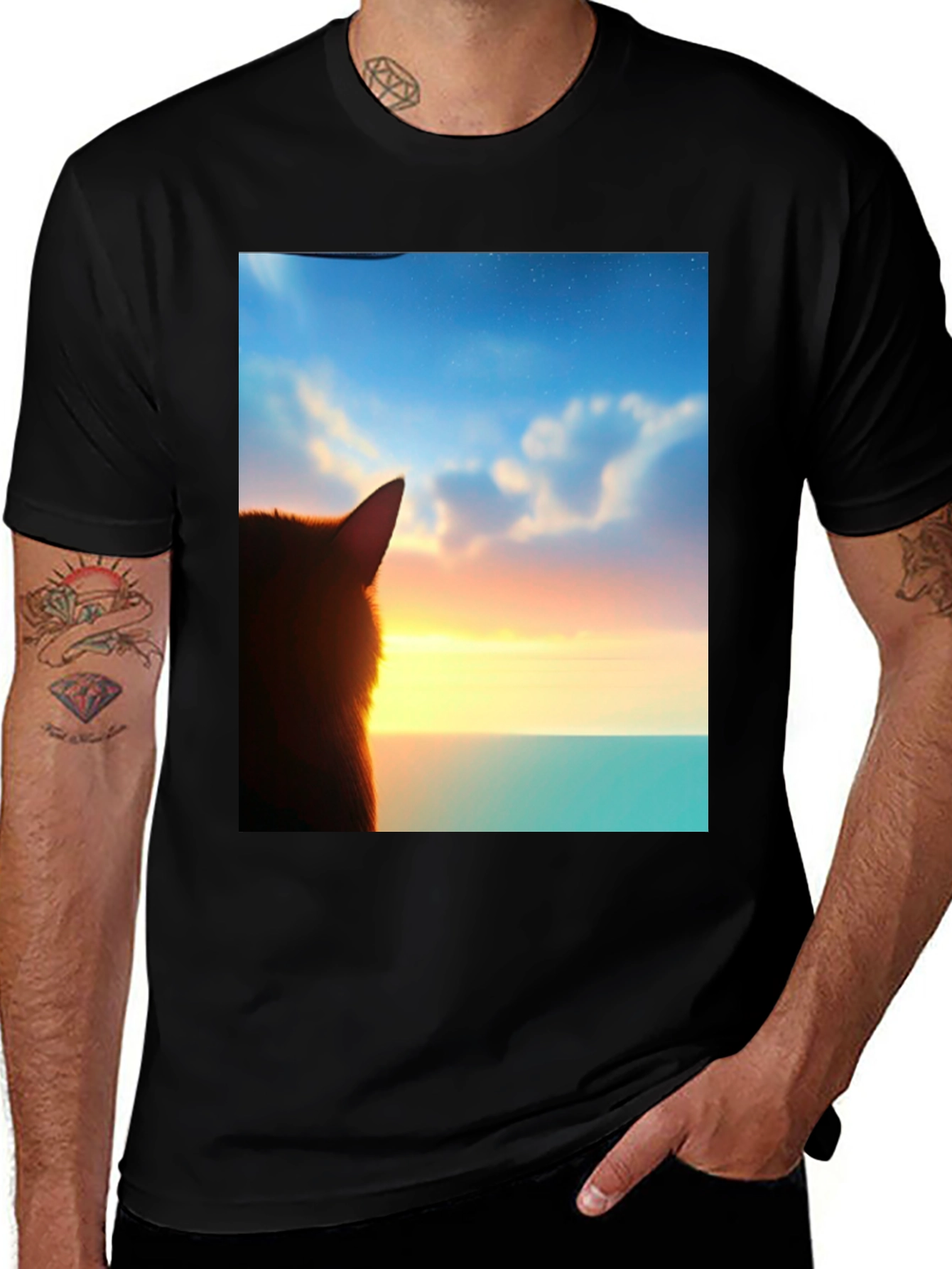 Variant 15 of Sunset Cat Graphic Tee - Soft Black Cotton