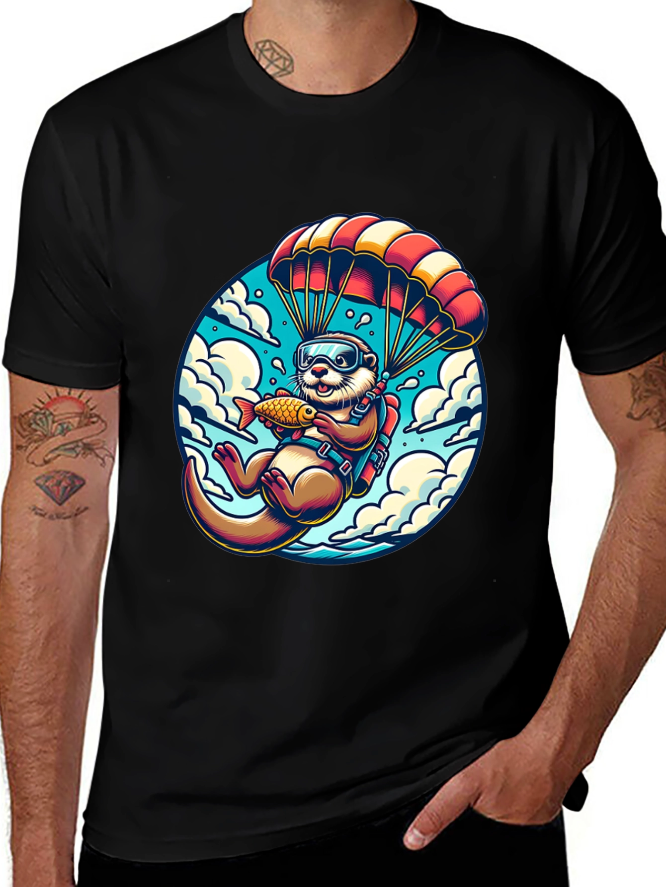 Variant 4 of Otter Parachute Graphic Tee - Skydiving Fish Lover