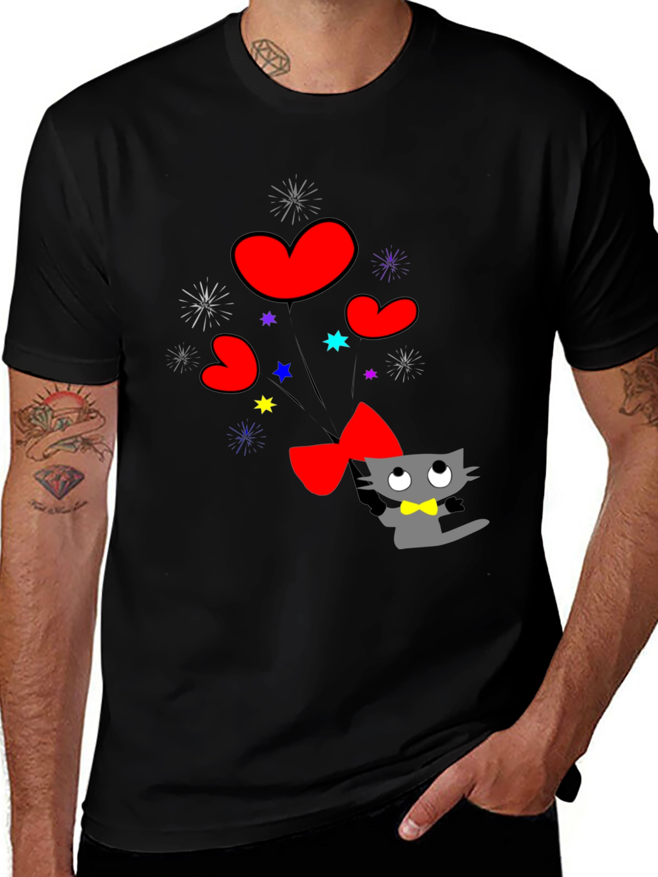 Variant 13 of Heart Balloon Cat Graphic Tee - Casual Black Shirt