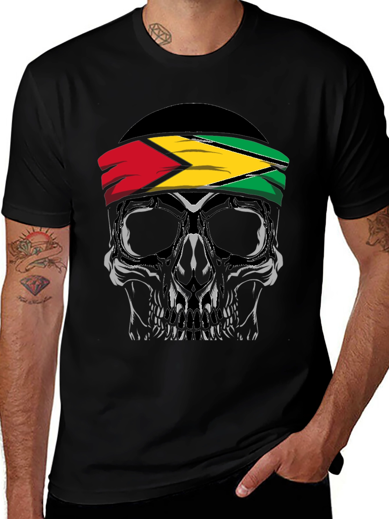 Variant 19 of Skull Graphic T-Shirt - Guyana Flag Headband