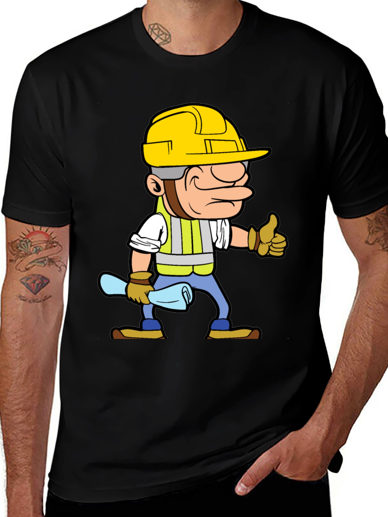 Variant 17 of Construction Worker Cartoon Graphic Tee - Black