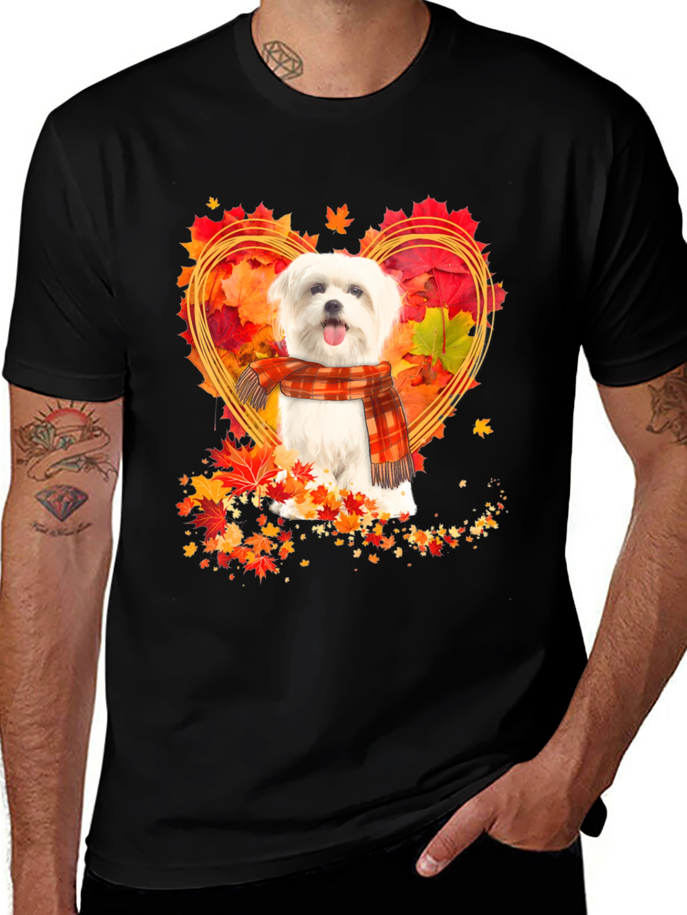 Fall Maltese Dog Heart Leaves T-Shirt